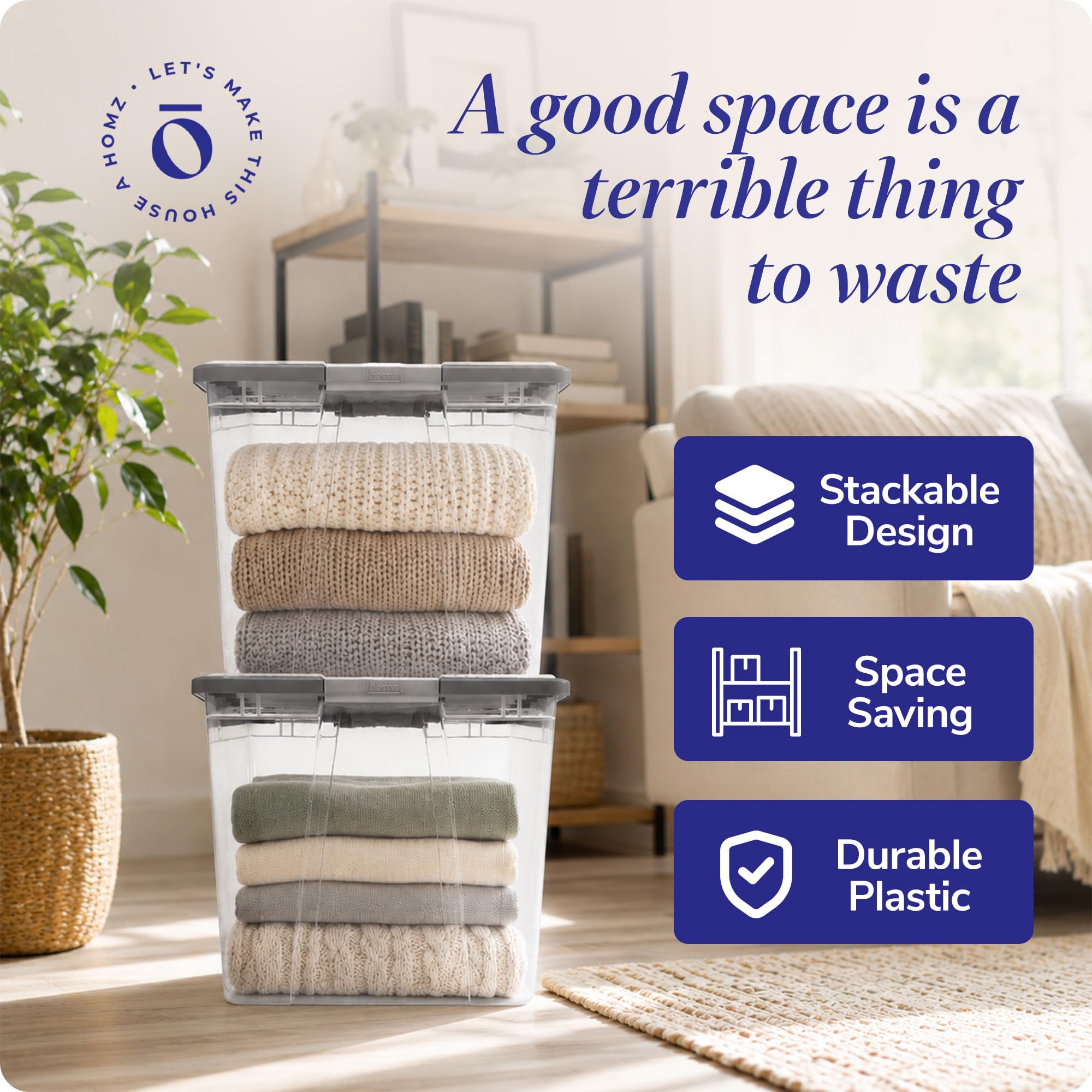 HOMZ 4-Pack Secure Latch, Clear Plastic Storage Organizer Bins, 15 Quart, Gray Lid - Stackable Container Boxes for Bedroom, Bathroom, Garage, and Office Organization