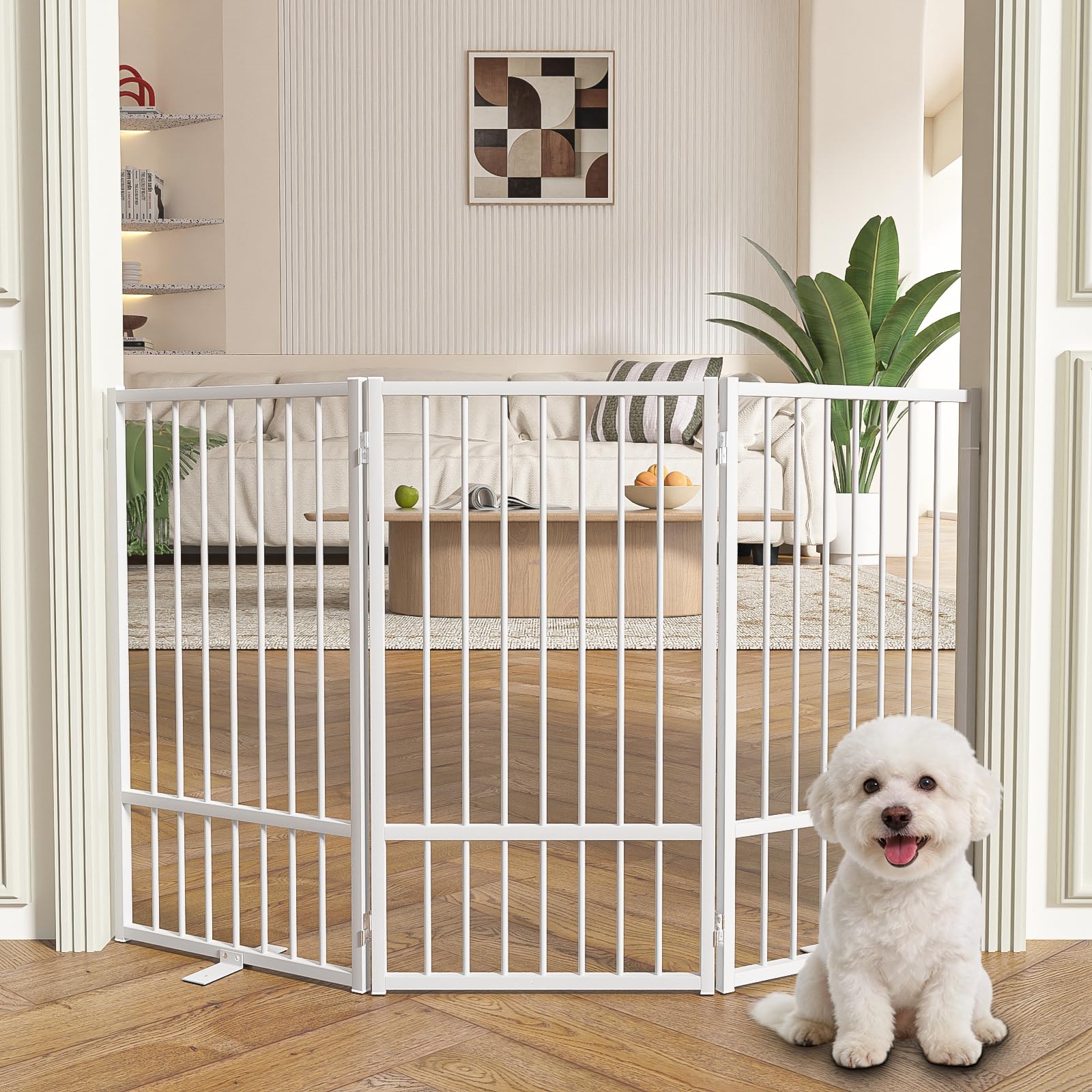 SNUOWU Full Metal Freestanding Dog Gate with Door, 24'' Height Foldable Pet Dog Fence for Indoor & Outdoor, 2 Panels Extra Wide Free Standing SmallDog Gates for Doorways,House,Stairs,Porch,Deck,Yard