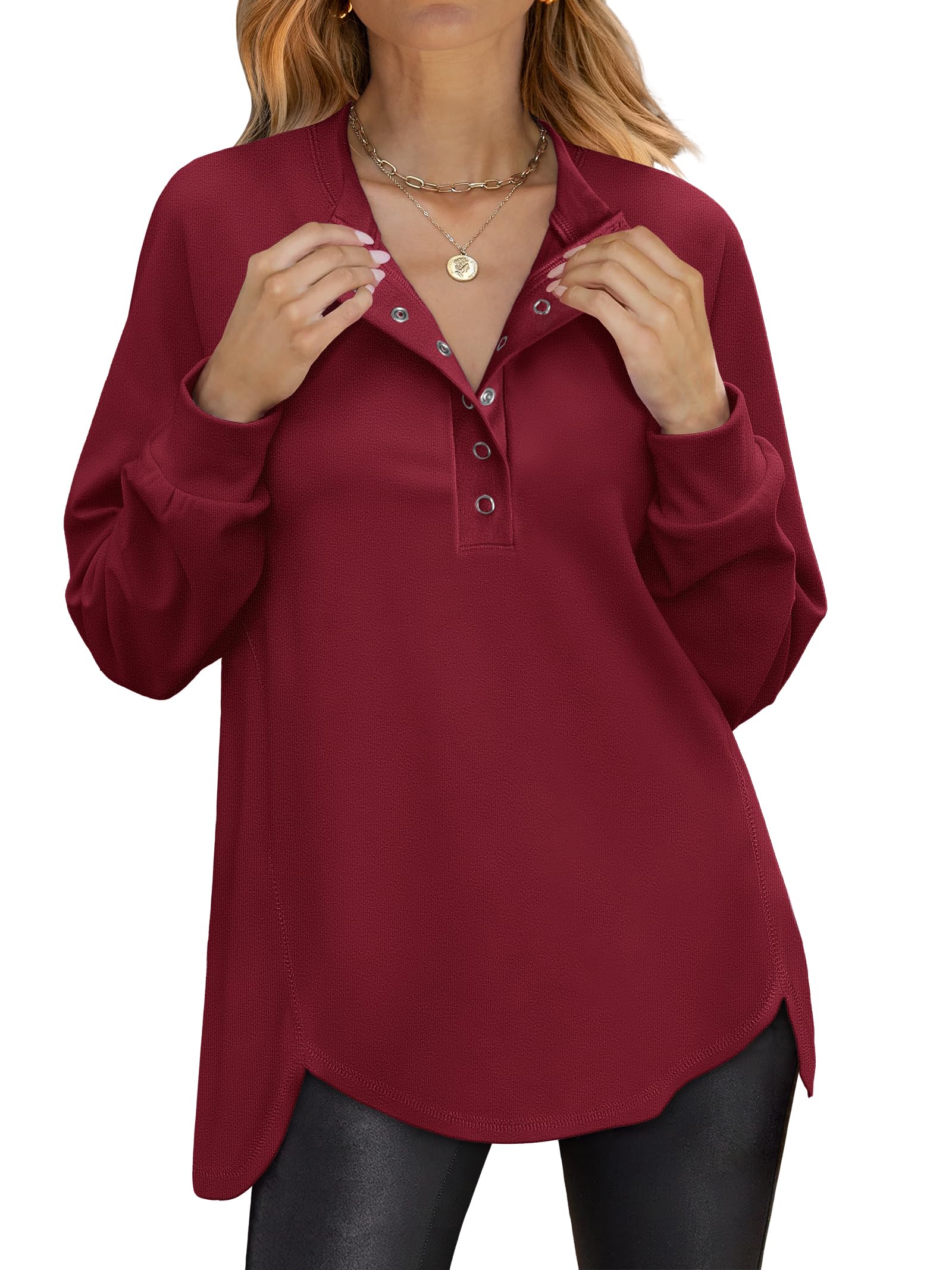 ANRABESS Women's Long Sleeve Henley Oversized Sweatshirts | Button Slit Hem Tunic Tops, Soft Loose Fit Pullover, School Work Office Outfits, Lounge Casual, Fall Winter Clothes