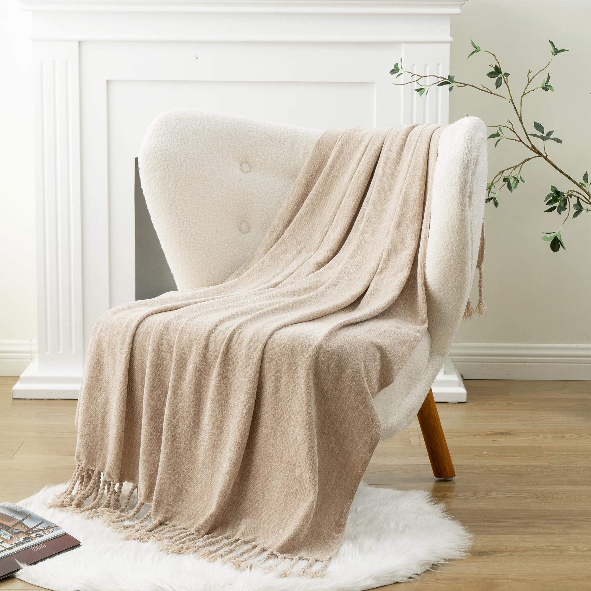 BATTILO HOME Beige Chenille Throw Blanket for Couch, Soft Cozy Textured Knit Throw Blanket with Handmade Fringe Tassels, Lightweight Decorative Farmhouse Blanket for Sofa Bed Chair, 50"x60"