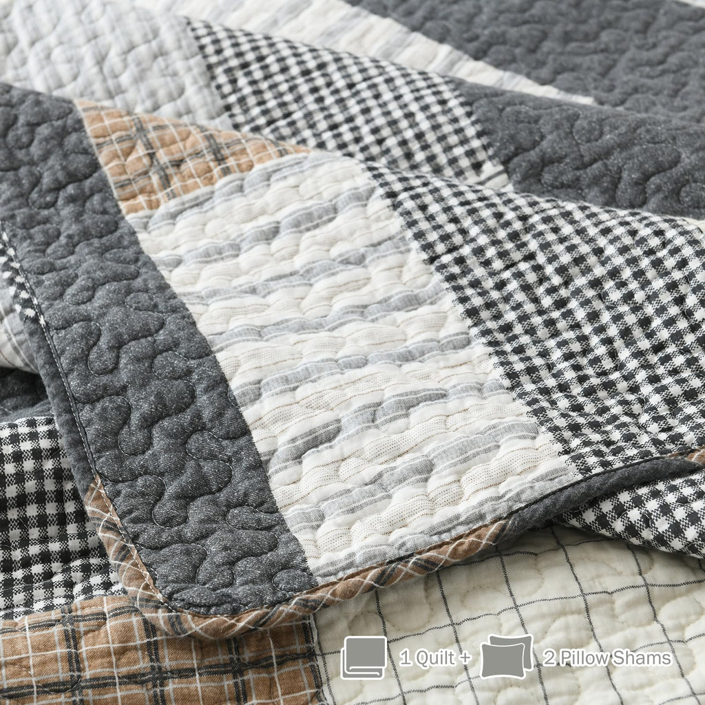 Y-PLWOMEN 100% Cotton Farmhouse Plaid Lightweight 3-Pieces Quilt Set (Blue Brown, Queen90 * 98 Inch)