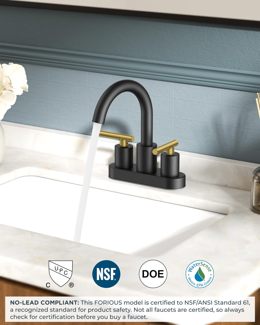 FORIOUS 4" Brushed Gold Bathroom Faucet Centerset 4 Inch, 2 Handle 2 Hole Gold Faucets for Bathroom Vanity wtih Metal Pop Up Dain, CUPC Supply Hose, High Arc Swivel Spout