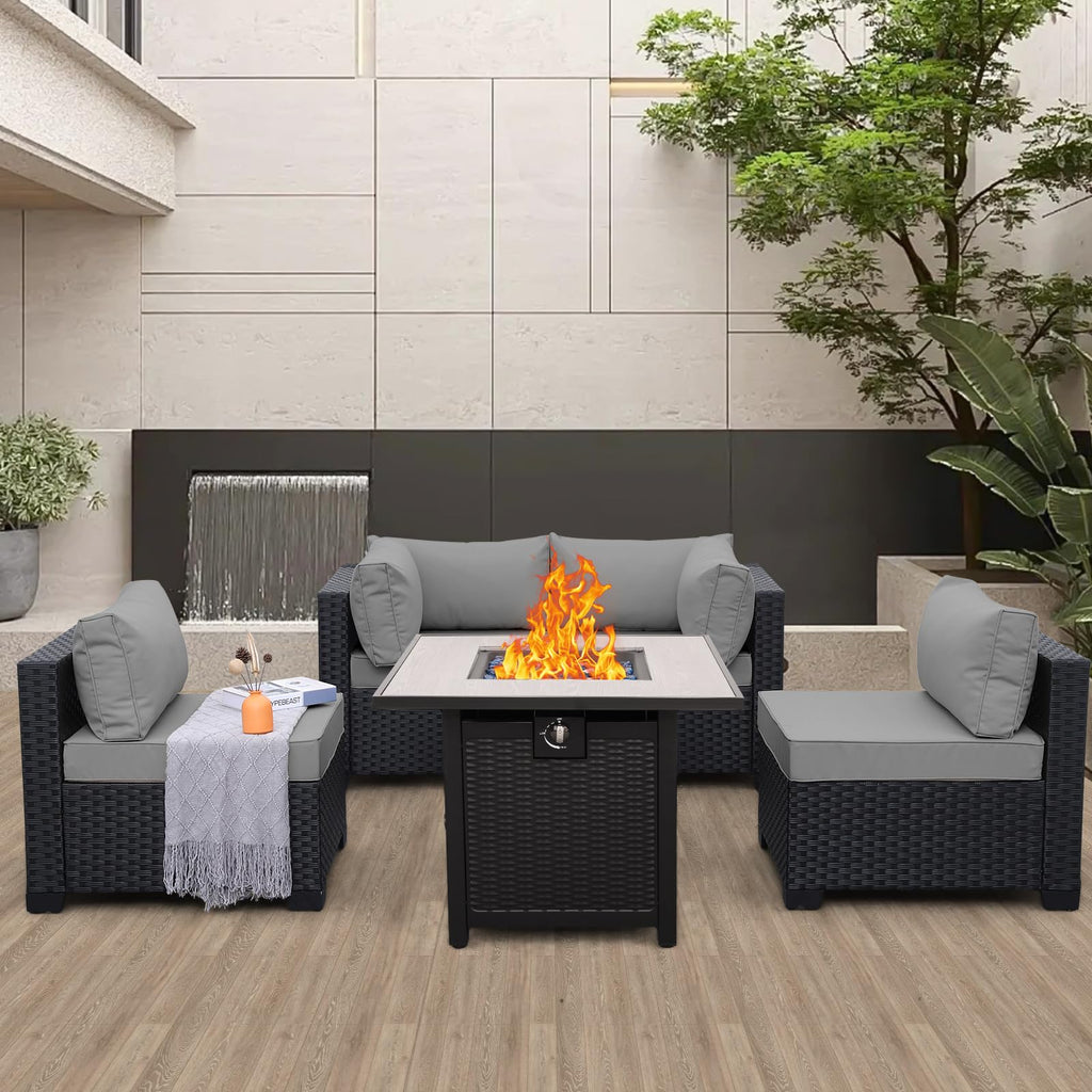 WAROOM Outdoor 5 Piece Patio Furniture Set, Black Rattan Conversation Couch Resin Wicker Sectional Sofa Outside Chair with Coffee Table, Grey Cushion