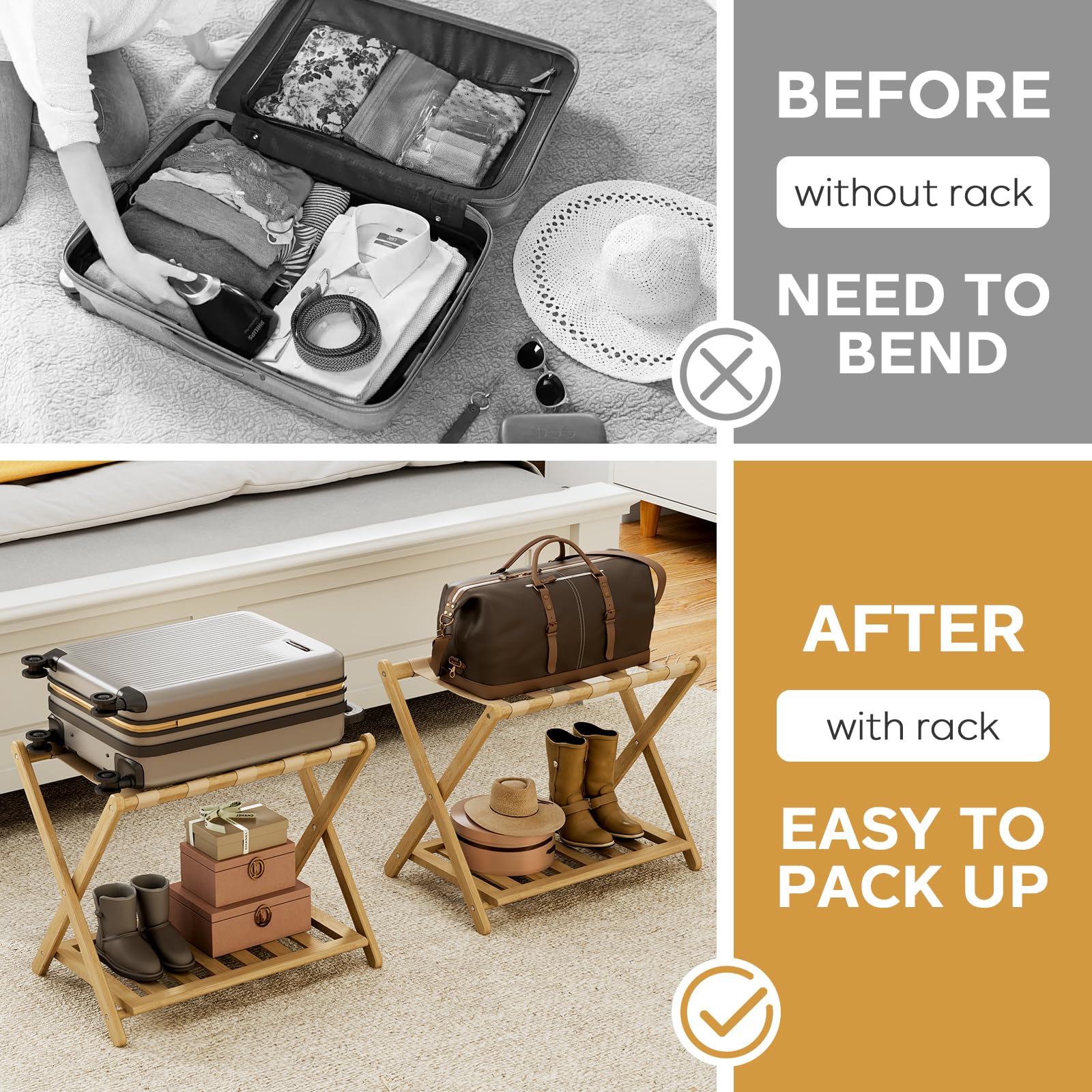 oakvivo Fully Assembled Black Luggage Rack for Guest Room, Bamboo Foldable Suitcase Stand with 5 Nylon Straps, Upgraded Luggage Rack Holder with Shelf for Bedroom Hotel, Holds up to 165 Lbs, 1pcs