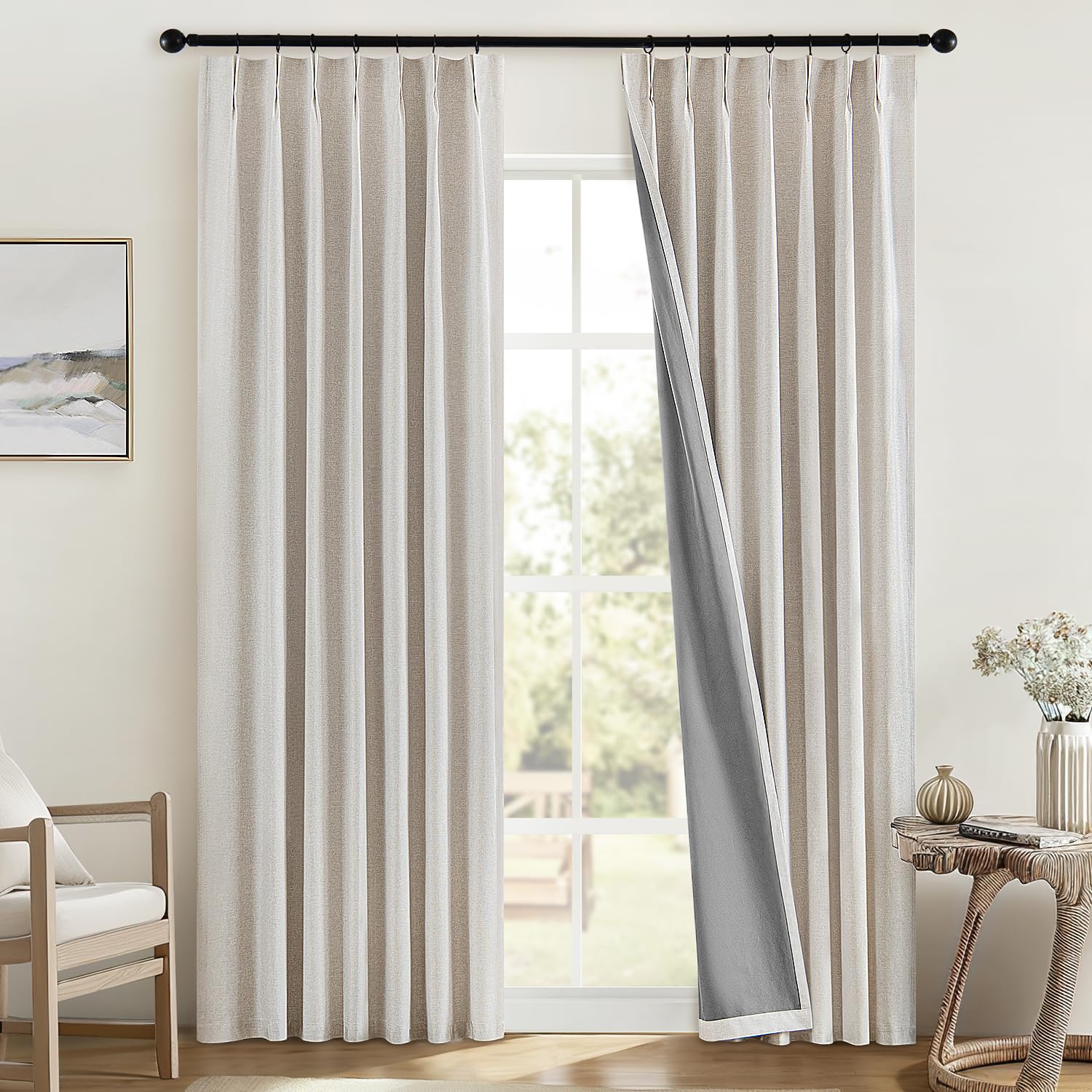 MIULEE Linen Pinch Pleated 100% Blackout Curtains for Bedroom 84 Inch Long 2 Panels Set- Back Tab Track Beige Thermal Insulated Cream Black Out Triple Pleat Room Darkening Drapes with Hooks, Greige