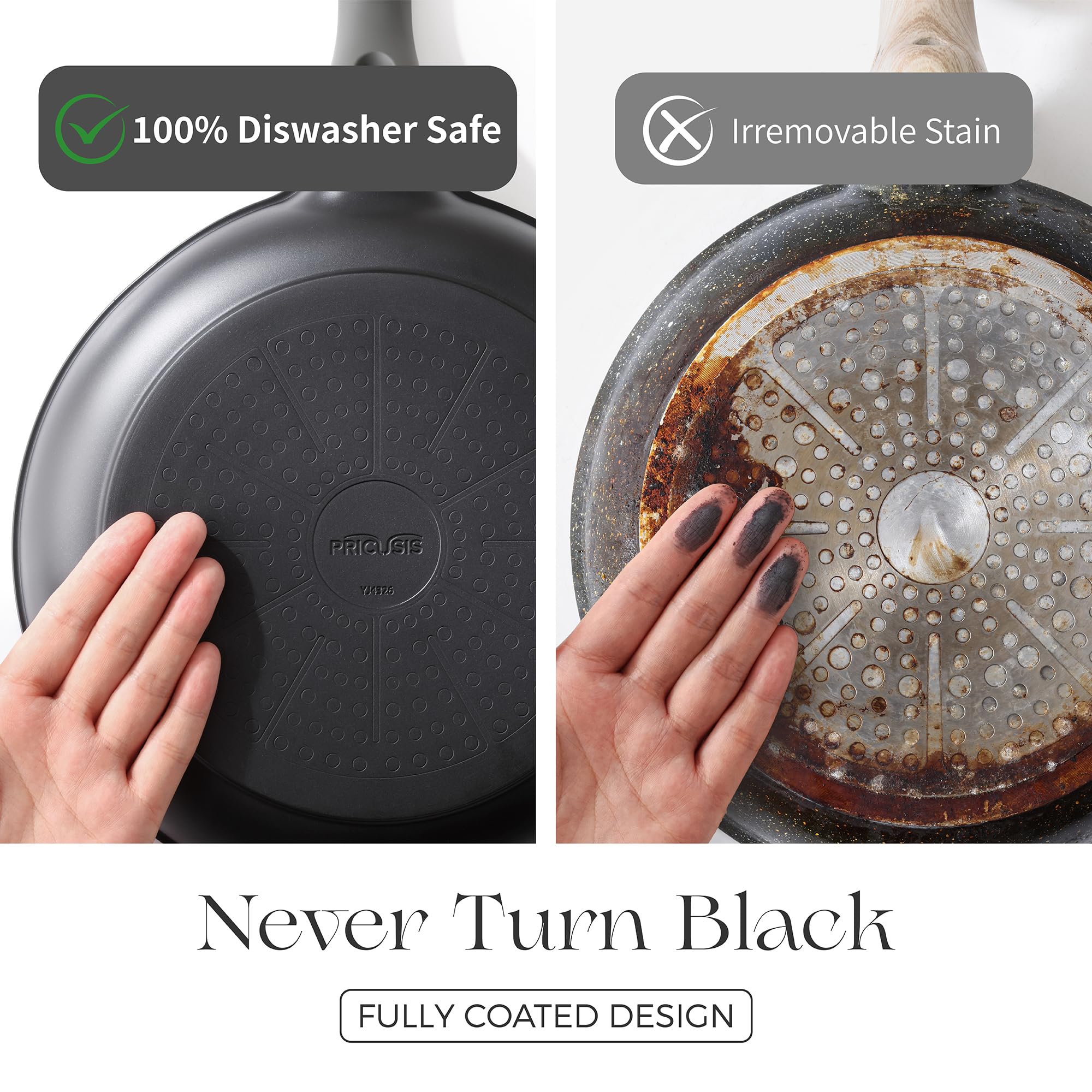 PRICUSIS Nonstick Frying Pan, 8/10/12 Inch Skillet with Stay Cool Handle, Fully Coated, Induction Compatible, 100% Dishwasher Safe, PFOA Free（10 Inch, Black Sesame）