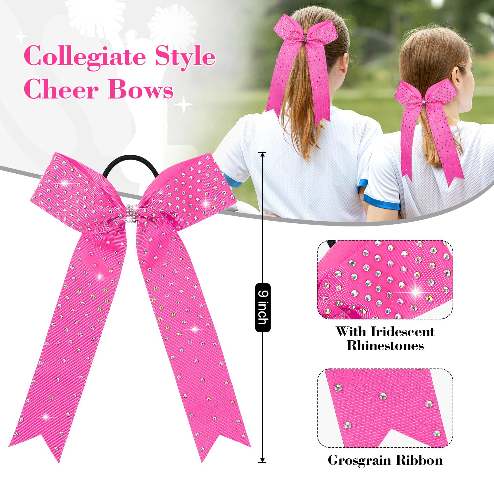 DEEKA 12 Count Collegiate Style Cheer Bows, Forest Green with Rhinestones, Handmade Bows for Girls Teens Cheerleader Sports