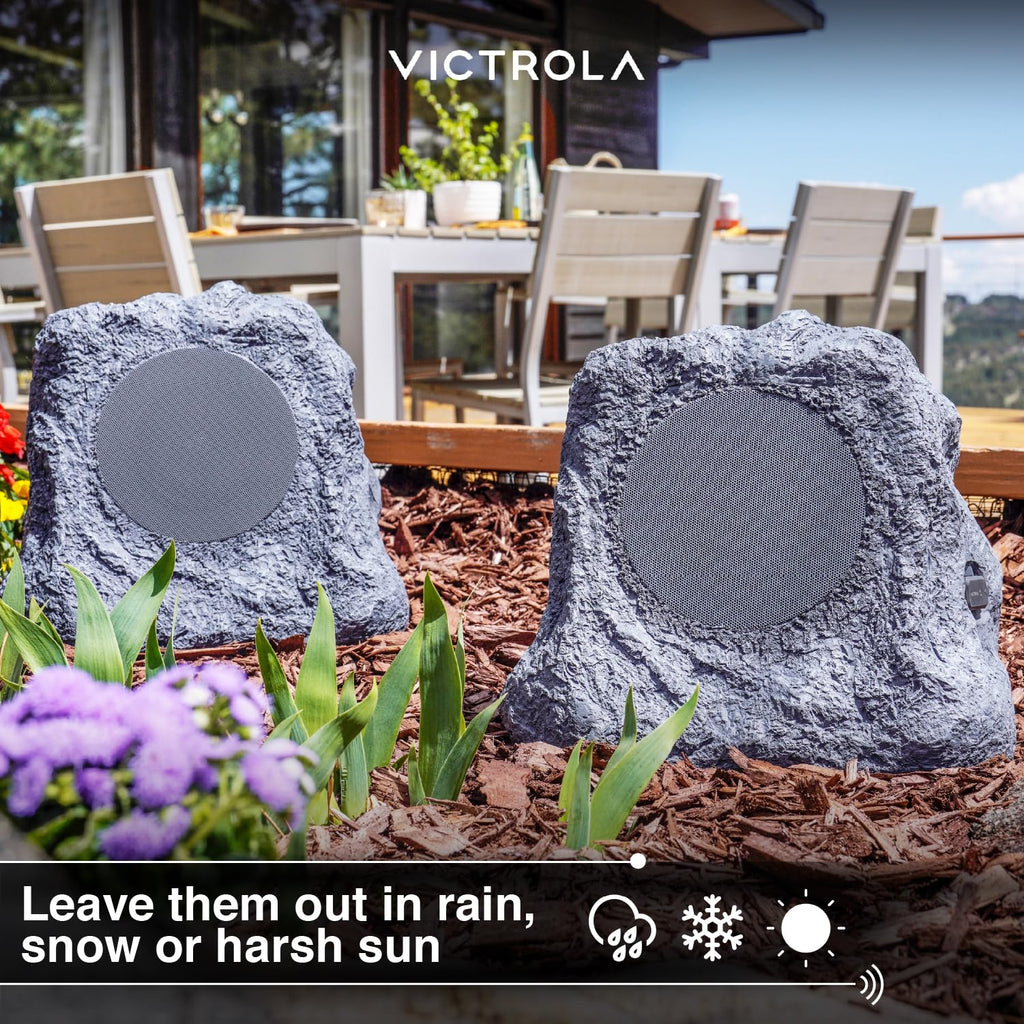 Victrola Outdoor Rock Speaker (Pair) – IPX4 Rechargeable Outdoor Bluetooth Speakers for Garden, Patio, Built for All Seasons, Wireless Music Streaming (Charcoal)