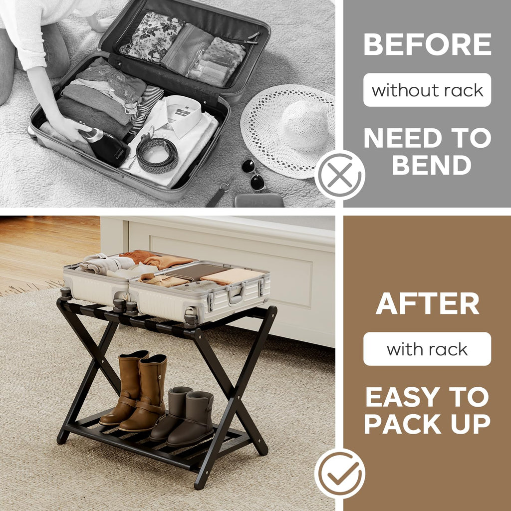 oakvivo Fully Assembled Black Luggage Rack for Guest Room, Bamboo Foldable Suitcase Stand with 5 Nylon Straps, Upgraded Luggage Rack Holder with Shelf for Bedroom Hotel, Holds up to 165 Lbs, 1pcs