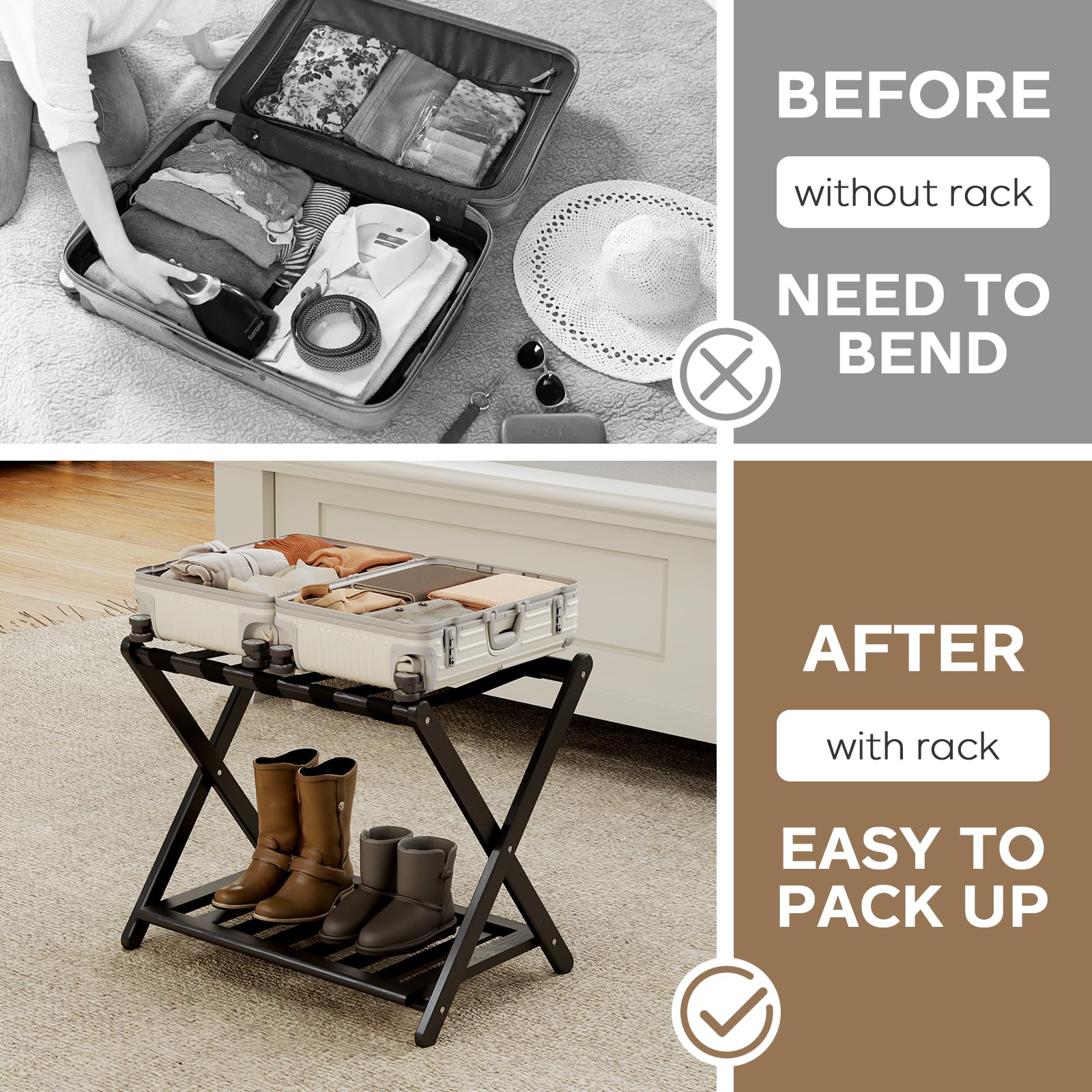 oakvivo Fully Assembled Black Luggage Rack for Guest Room, Bamboo Foldable Suitcase Stand with 5 Nylon Straps, Upgraded Luggage Rack Holder with Shelf for Bedroom Hotel, Holds up to 165 Lbs, 1pcs