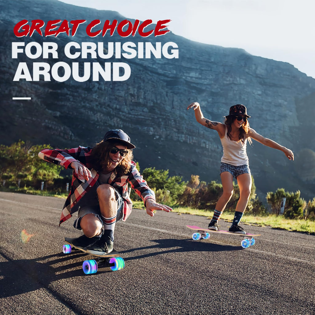 BELEEV Cruiser Skateboards for Beginners, 27 x 8 inch Complete Skateboard for Kids Teens Adults, 7 Ply Canadian Maple Double Kick Deck Concave Skateboard with Skate T-Tool