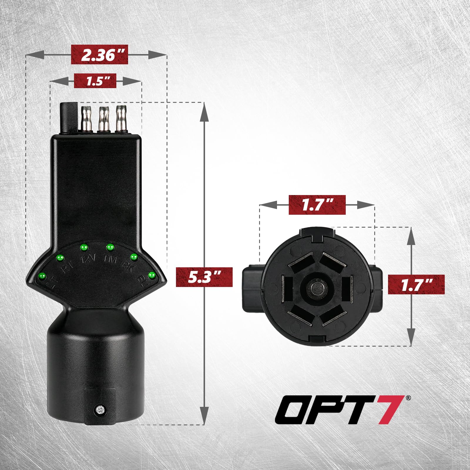 OPT7 7 Pin & 4 Pin Circuit Tester Adapter w/ 6 LED Indicators, 7 Way Blade to 4 Way Flat Trailer Connector w/Secure Tab for Pickup Truck Trailer Tow Hitch, 5.3" Long x 2.36" Diameter