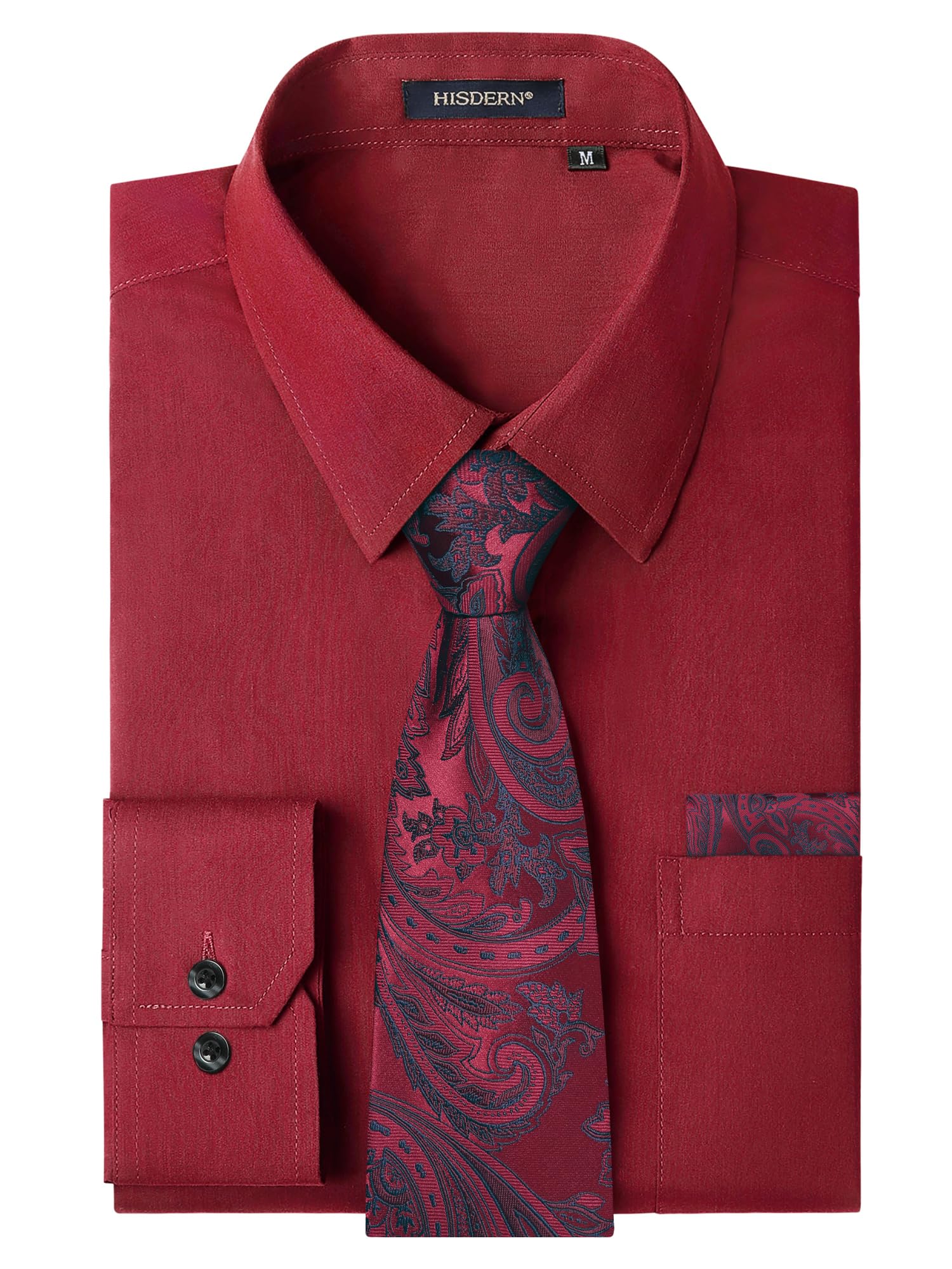 HISDERN 503 Mens Dress Shirt Slim Fit Long Sleeve Button Down Wrinkle Free Set with Tie Pocket Square Formal Business Wedding