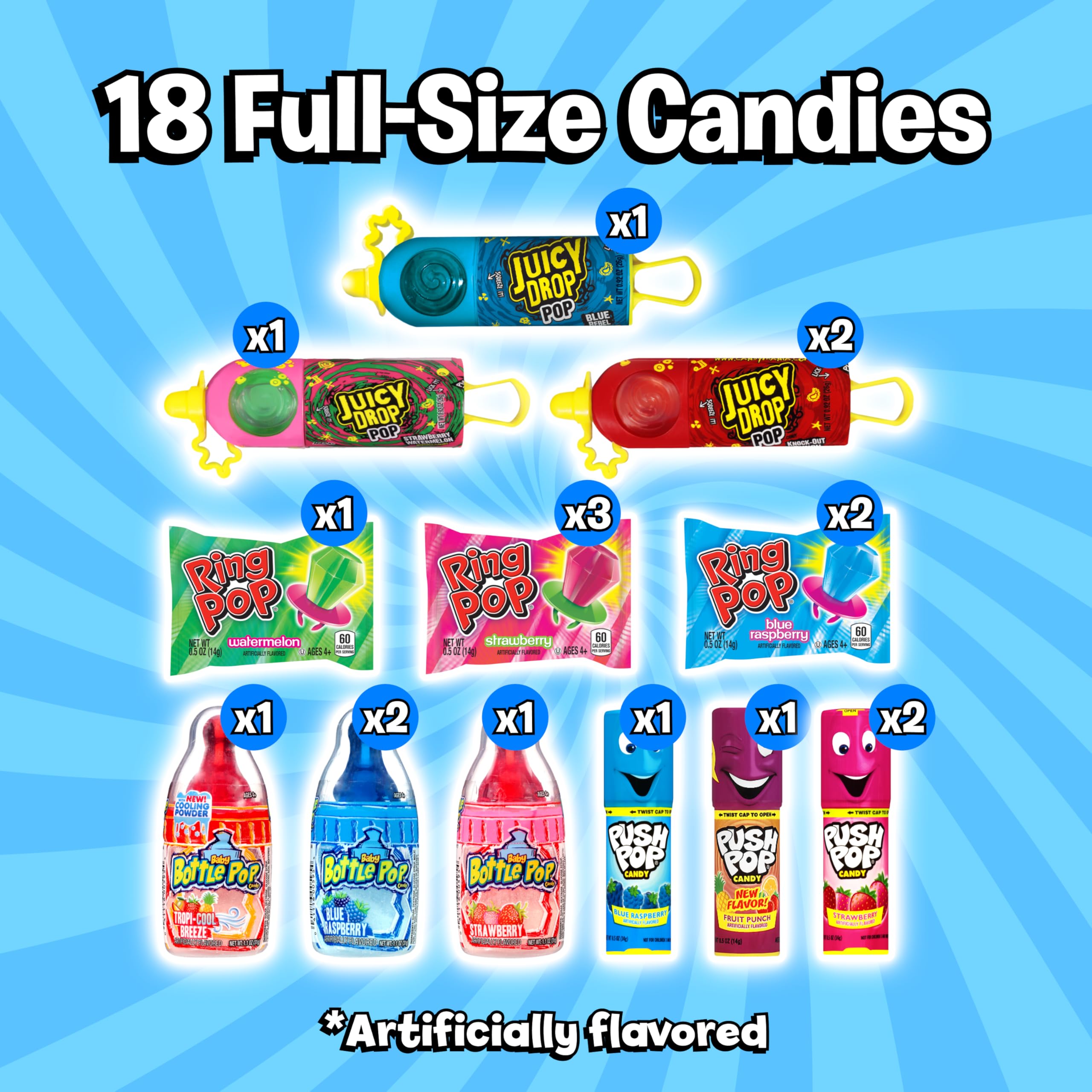 Assorted Candy Variety Pack 4 Count Lollipops - Ring Pop, Push Pop, Baby Bottle Pop & Juicy Drop - Ideal for Kids Party Favors, Party Favor Bags by Bazooka Brands
