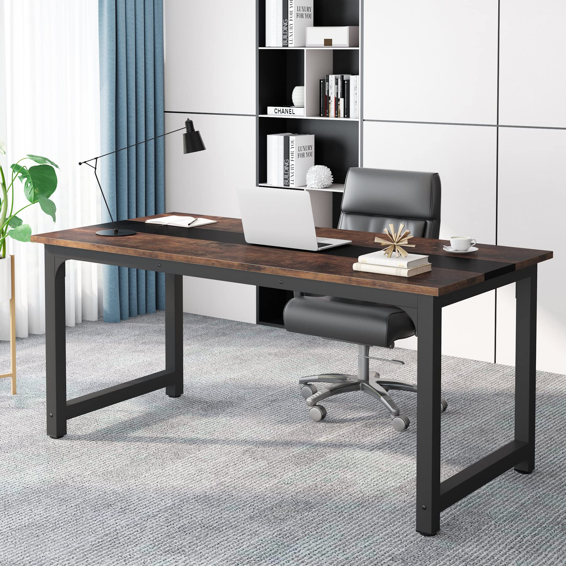 Tribesigns 63” Executive Desk, Large Office Computer Desk with Thicken Frame, Modern Simple Workstation Business Furniture for Home Office, Rustic Brown/Black