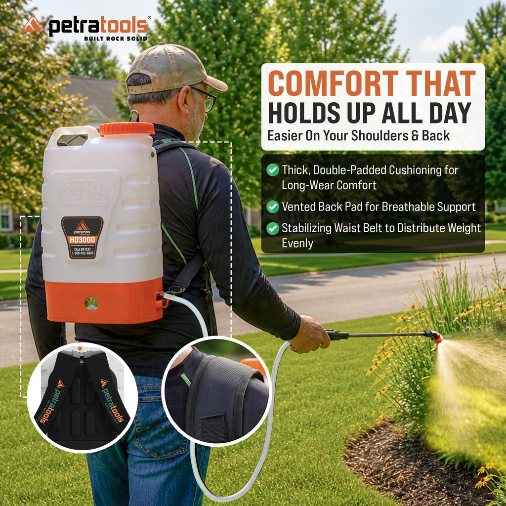 PetraTools 3 Gallon Battery Powered Backpack Sprayer in Lawn and Garden - HD3000 - Long Battery Life & Padded Straps for Comfort - Electric Sprayer w/ 6 Spray Nozzles & 80PSI (3 Gallon)
