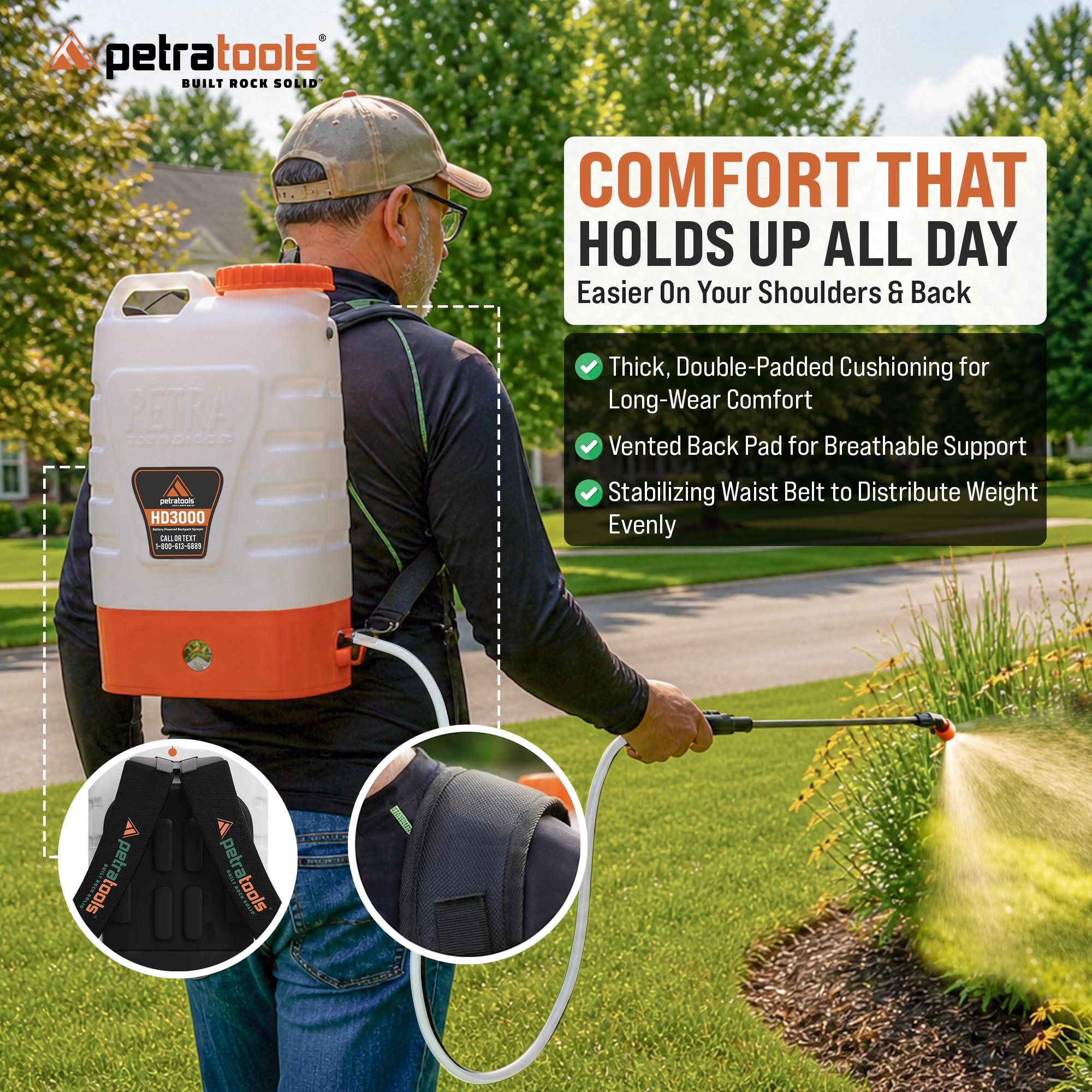 PetraTools 3 Gallon Battery Powered Backpack Sprayer in Lawn and Garden - HD3000 - Long Battery Life & Padded Straps for Comfort - Electric Sprayer w/ 6 Spray Nozzles & 80PSI (3 Gallon)