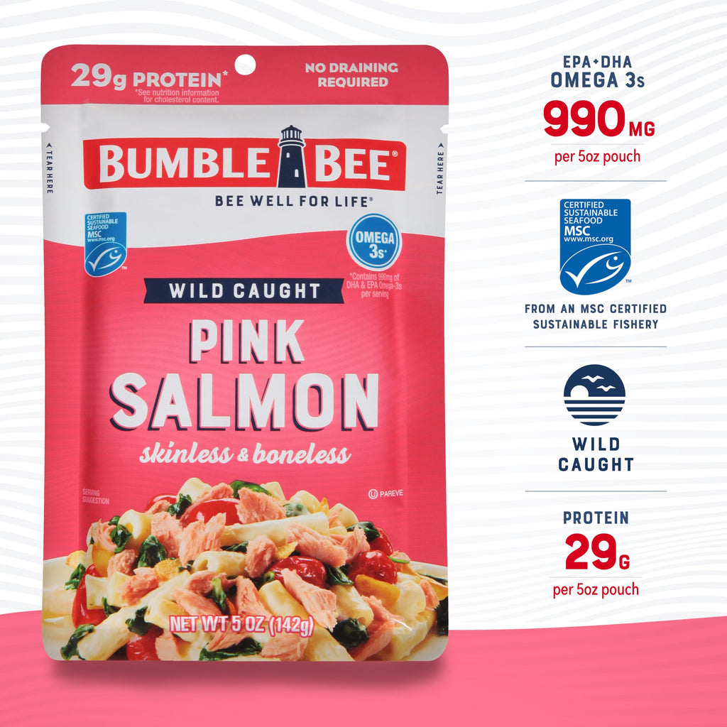 Bumble Bee Skinless & Boneless Pink Salmon, 5 oz Pouch - Premium Wild Caught Salmon for Snacks, Sandwiches & Recipes - 29g Protein per Serving - Gluten Free, Kosher, MSC Certified