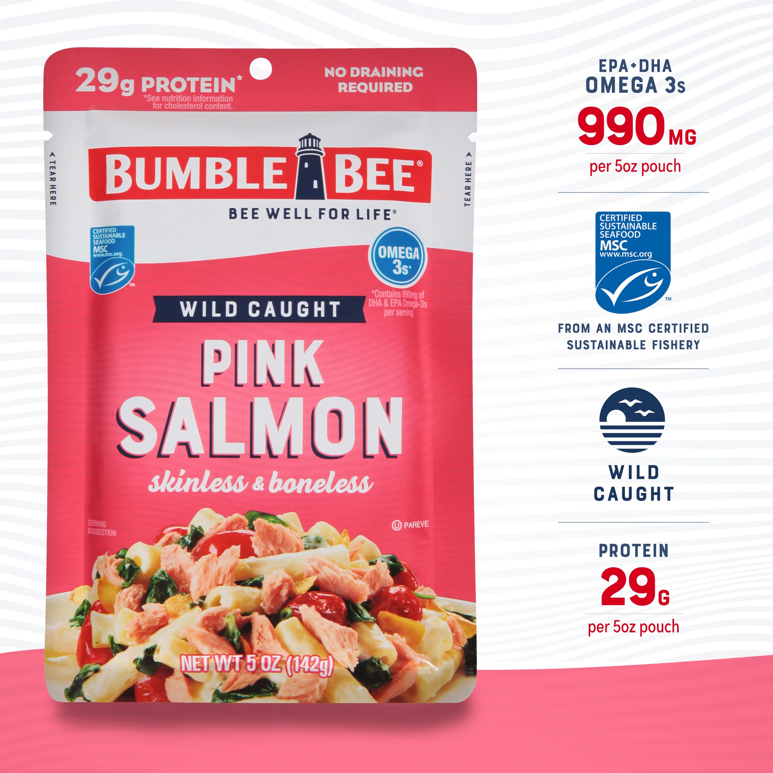 Bumble Bee Skinless & Boneless Pink Salmon, 5 oz Pouch - Premium Wild Caught Salmon for Snacks, Sandwiches & Recipes - 29g Protein per Serving - Gluten Free, Kosher, MSC Certified