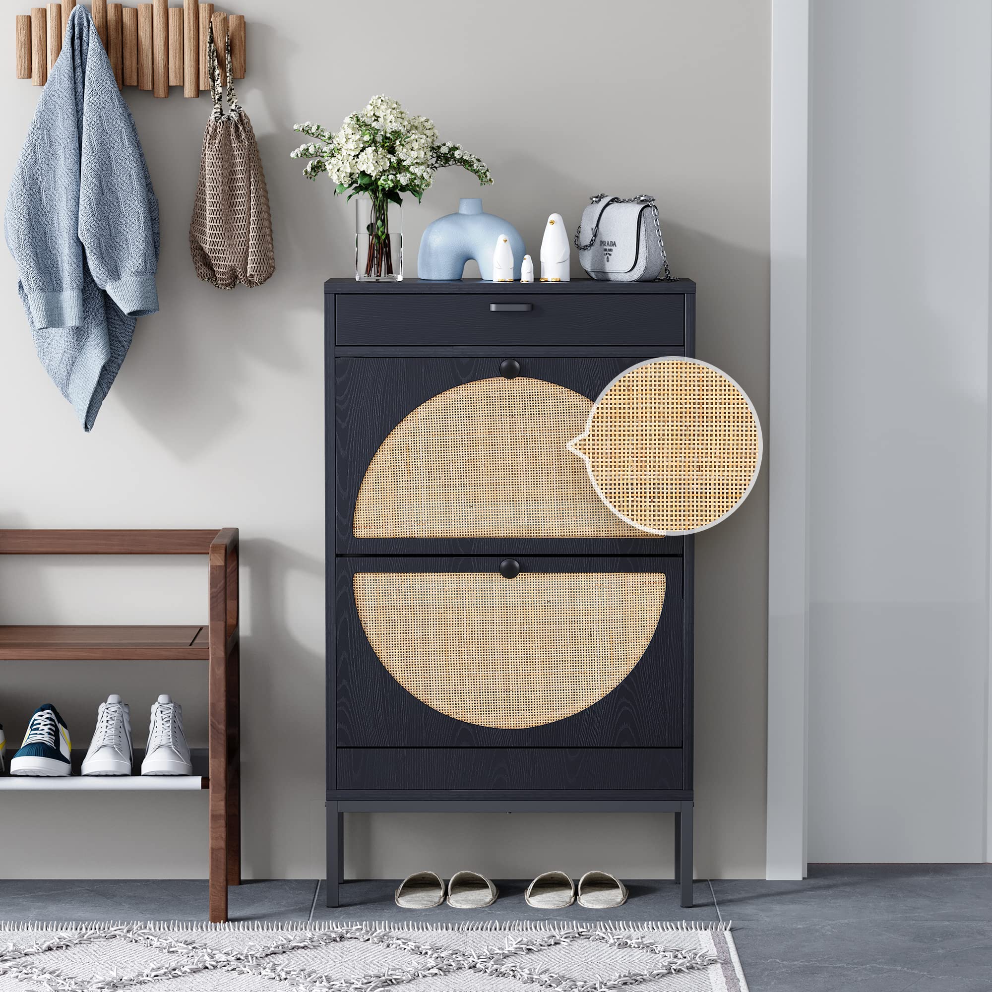 Yechen Shoe Rack Storage Organizer with 2 Natural Semi-Circular Rattan Doors, Entryway Wooden Shoe Cabinet for Sneakers, Leather Shoes, Heels, Slippers (Black)