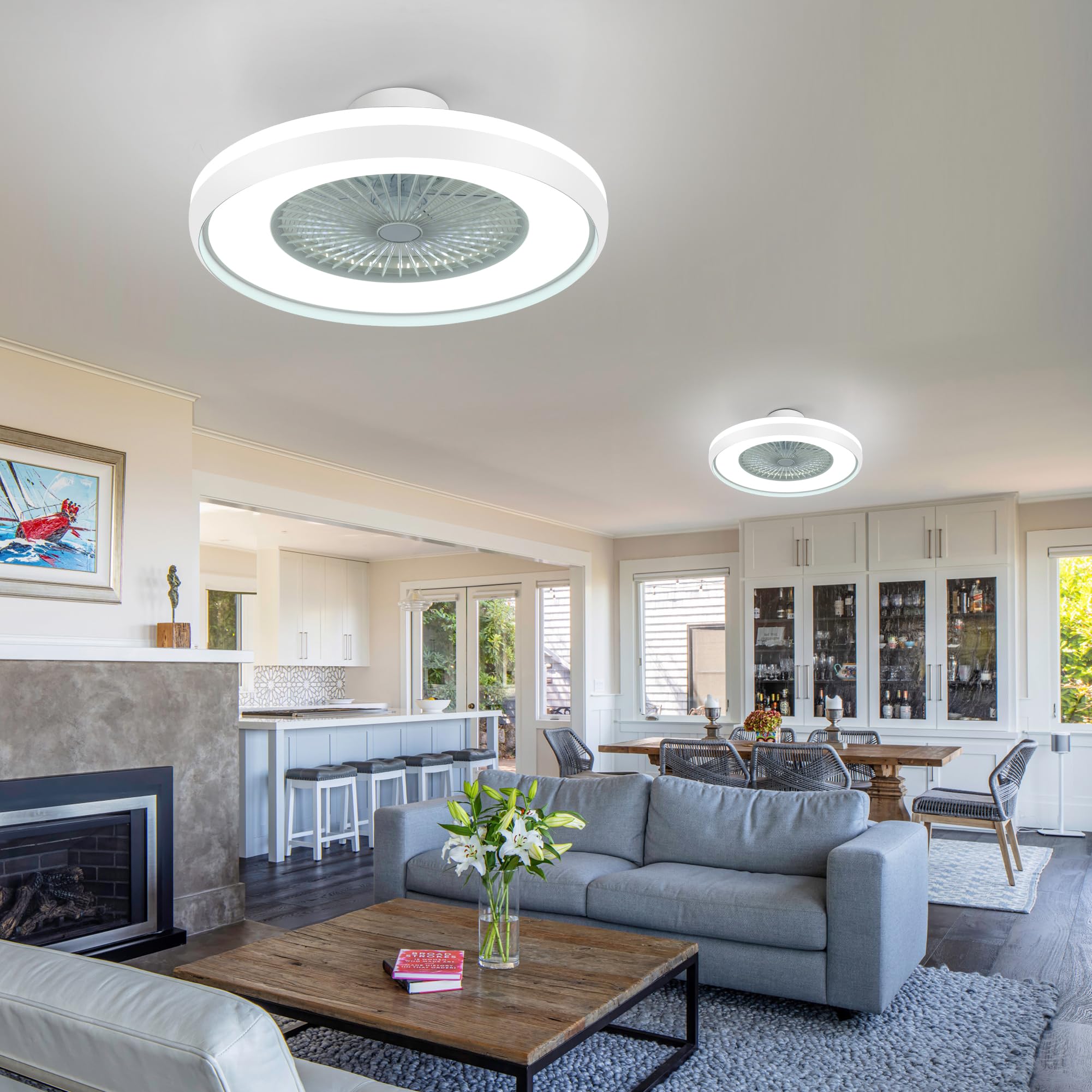24" Bladeless Ceiling Fan with Light Remote, Smart LED Ceiling Fans with App Control, Modern Low Profile Dimmable Light Ceiling Fan for Bedroom Living Room Gold