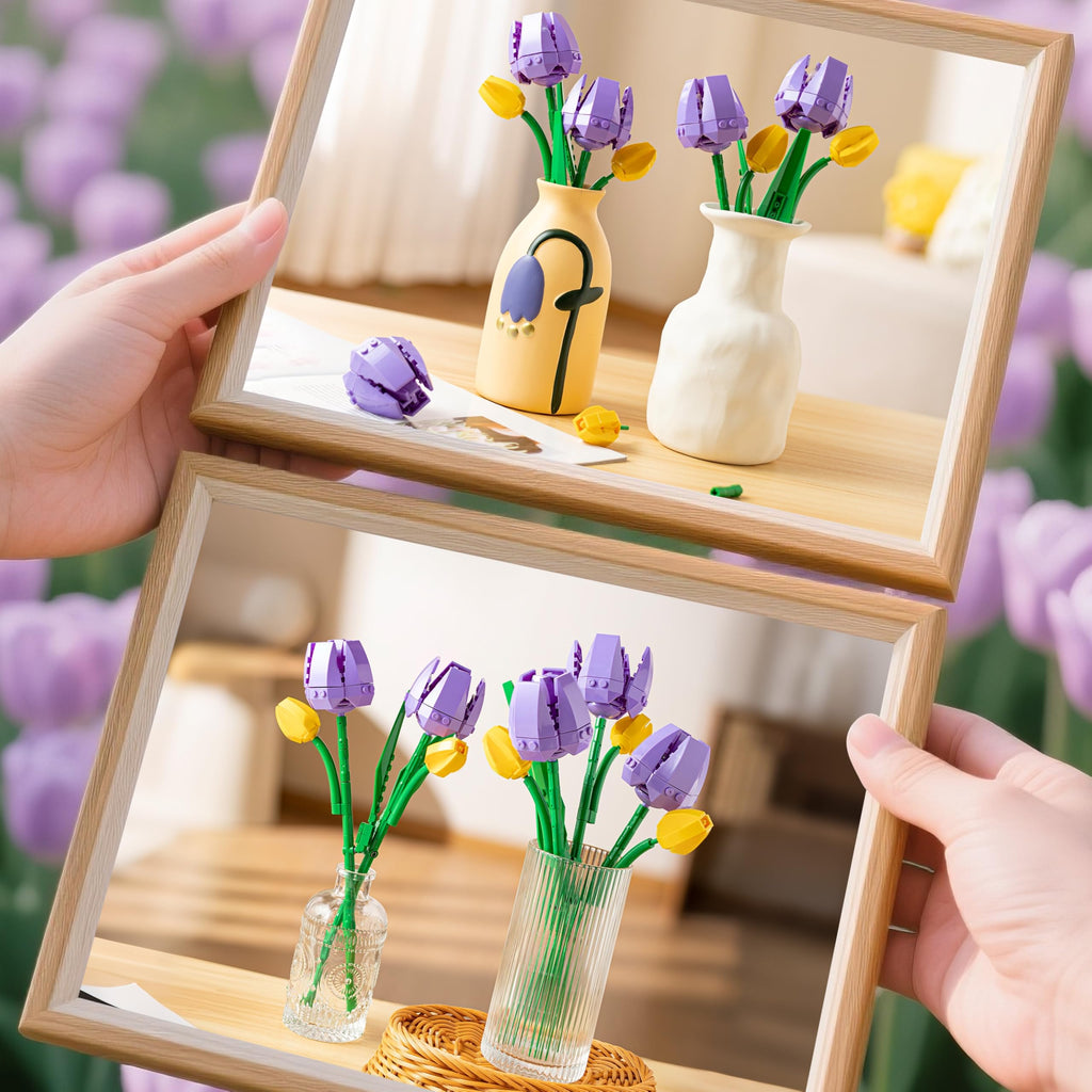 Sawaruita Purple Tulip Flower Bouquet Building Block Sets for Adult Women | Botanical Collection with Vase, Home Decor Gifts for Mothers Day,Valentines,Birthday