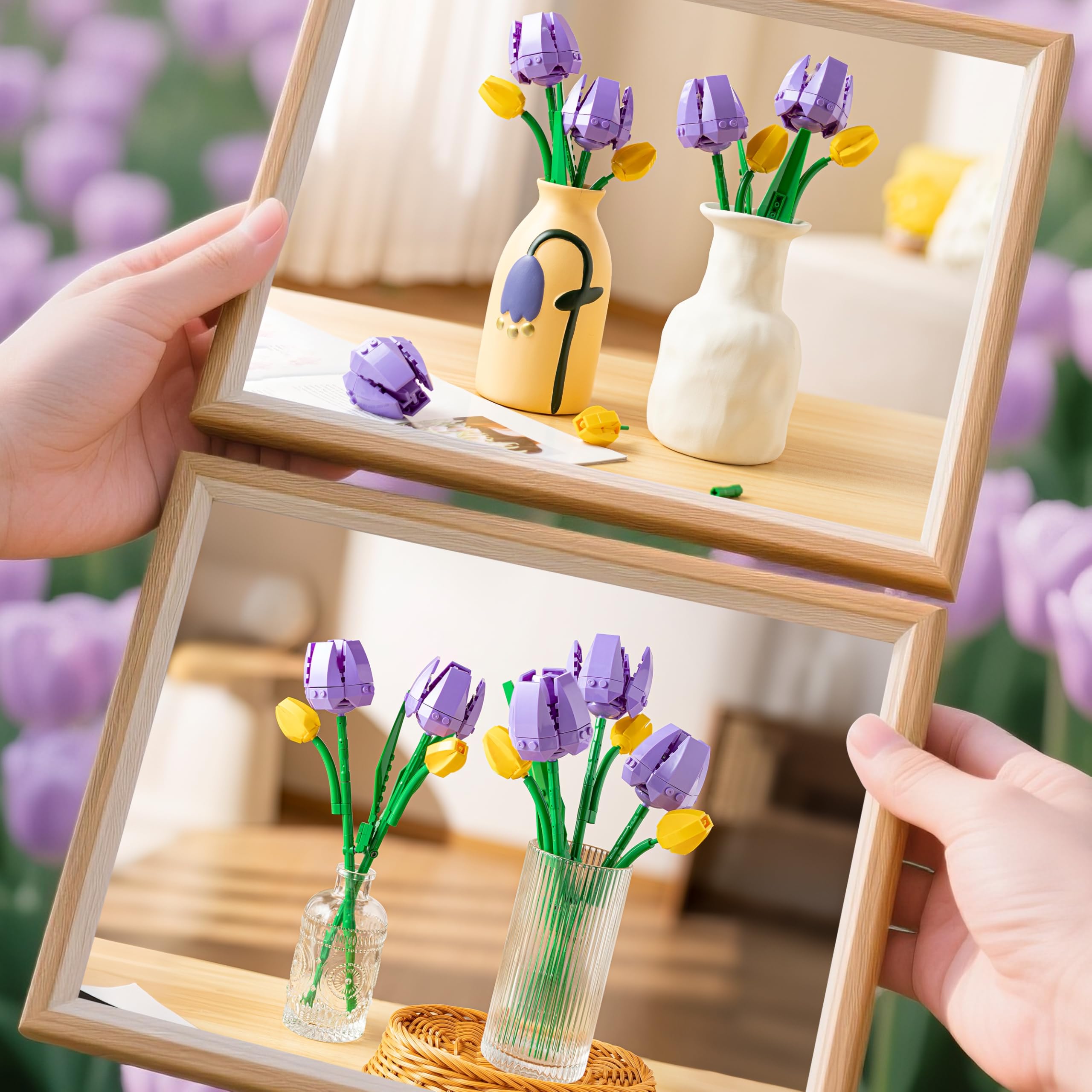 Sawaruita Purple Tulip Flower Bouquet Building Block Sets for Adult Women | Botanical Collection with Vase, Home Decor Gifts for Mothers Day,Valentines,Birthday