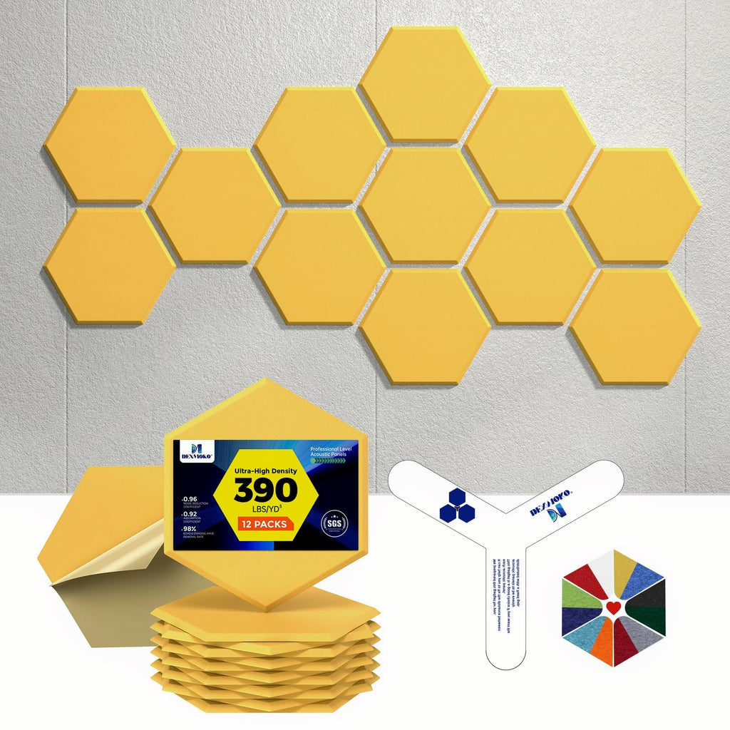 Self-Adhesive Acoustic Panels [390 lbs/yd³ Ultra-High Density], 2nd Generation Sound Absorbing Panel, Professional Level Sound Panel, Polyester Soundproof Foam [Medium Hexagon, Beige]