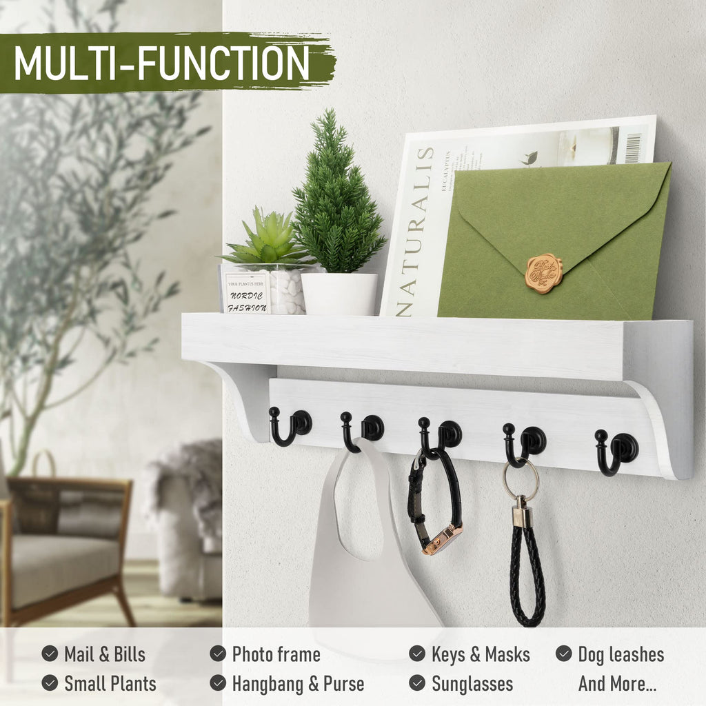 Rebee Vision Acacia Wood Farmhouse Key Holder Wall Mount for Room Decor – Retro Key Holder for Wall with Shelf for Cute Things– Stylish Home Storage for Apartment Essentials (Acacia Wood)