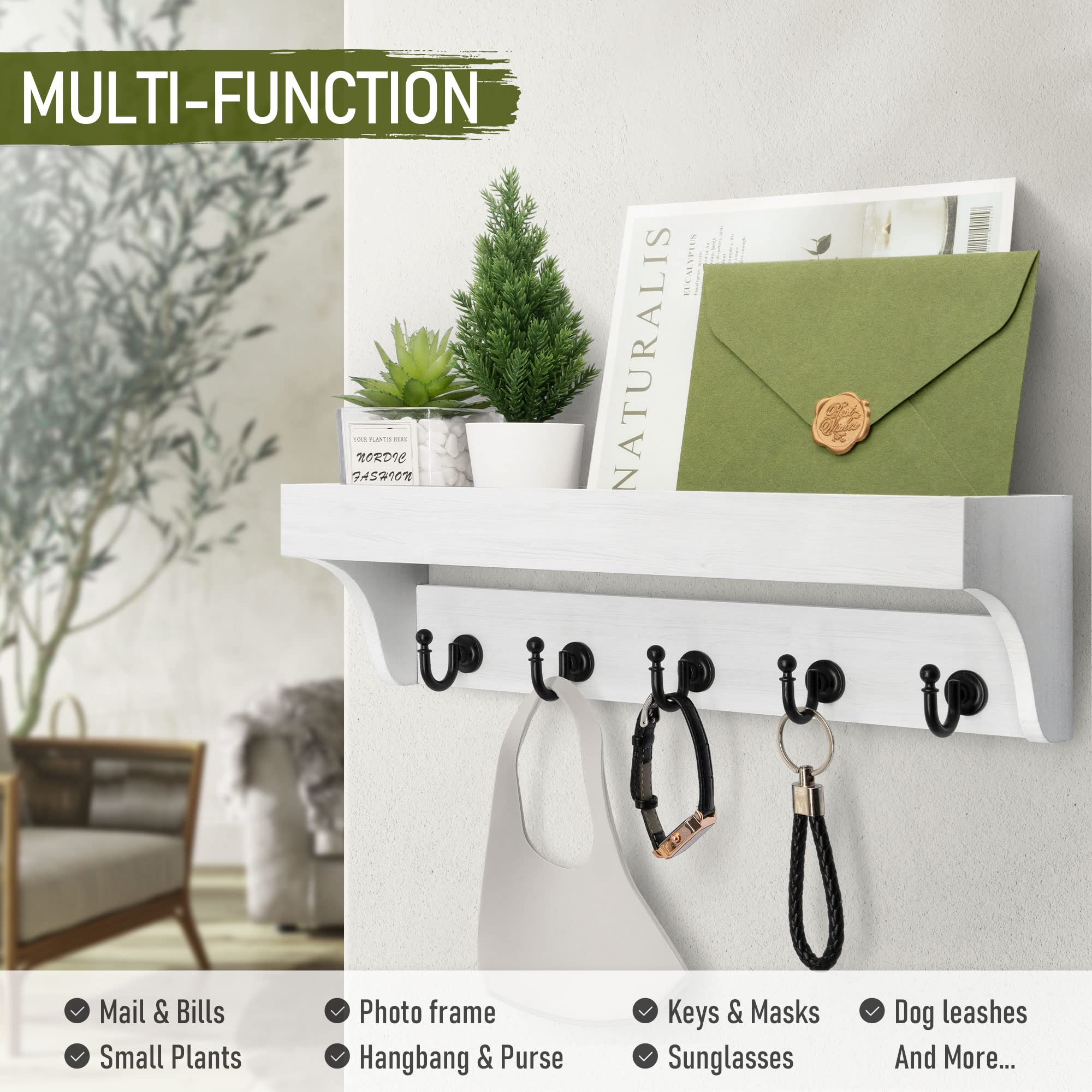 Rebee Vision Acacia Wood Farmhouse Key Holder Wall Mount for Room Decor – Retro Key Holder for Wall with Shelf for Cute Things– Stylish Home Storage for Apartment Essentials (Acacia Wood)