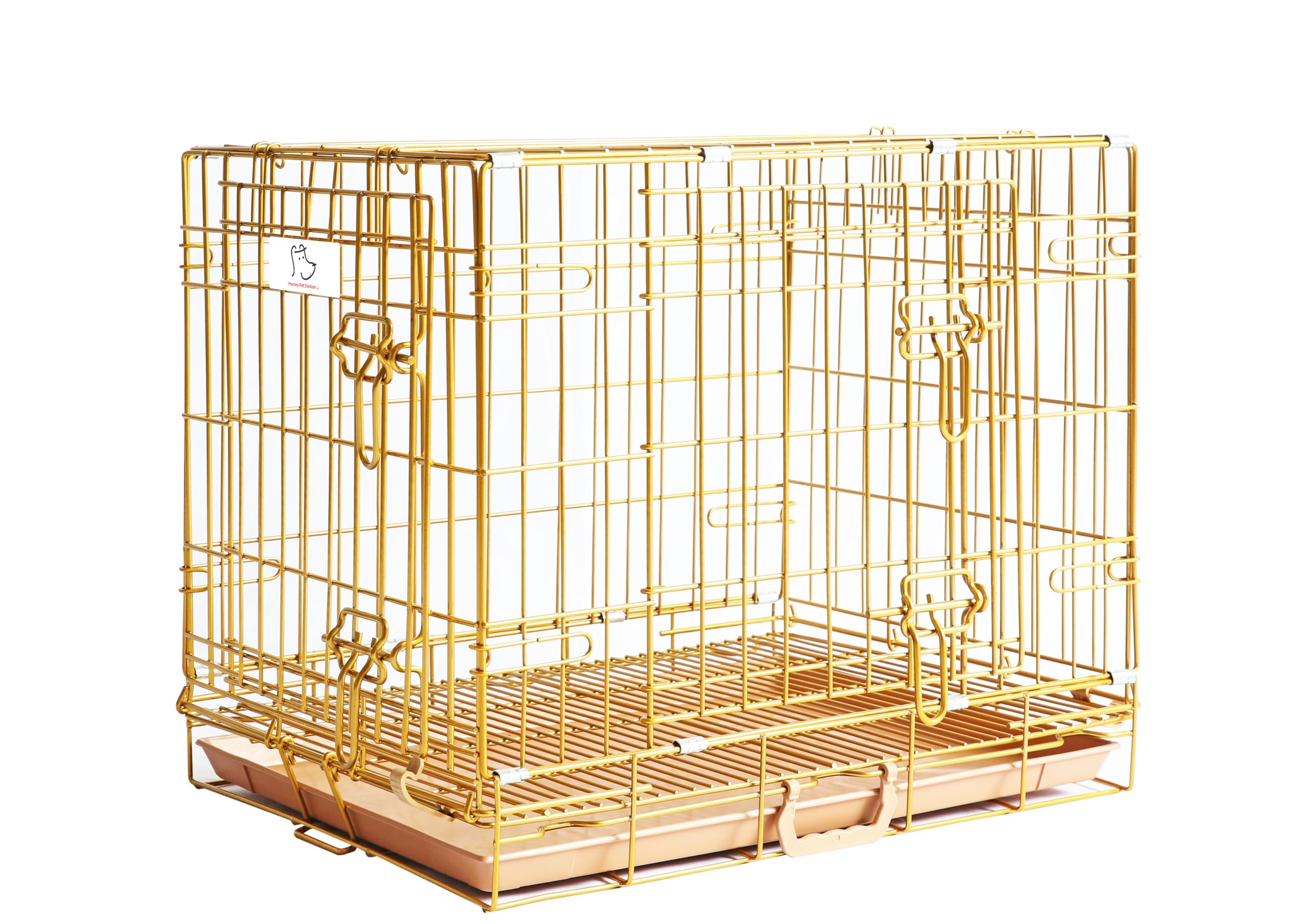 HOMEY PET 24" Gold Color Folding Design Dog Crate Puppy Ertra Small Breed Dog Kennels with Removable Floor Grid and Pull Out Tray, Dog Cage Copper Gold Finish