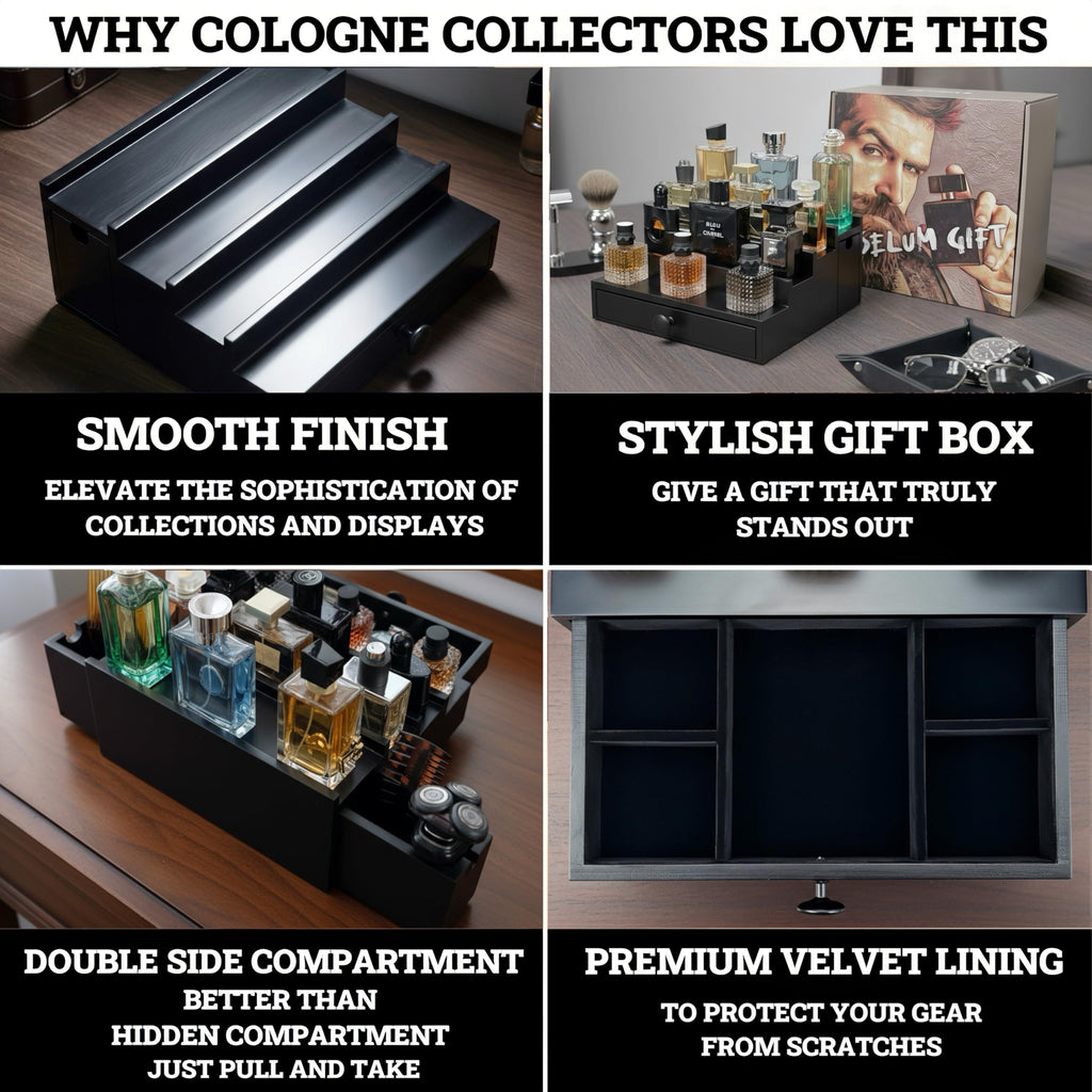 Wooden Cologne Organizer for Men 3 Tier | Black Perfume Holder Shelf for Dresser | High Grade Velvet Lining and Stylish Gift Box | Uncluttered Design Perfume Display Stand