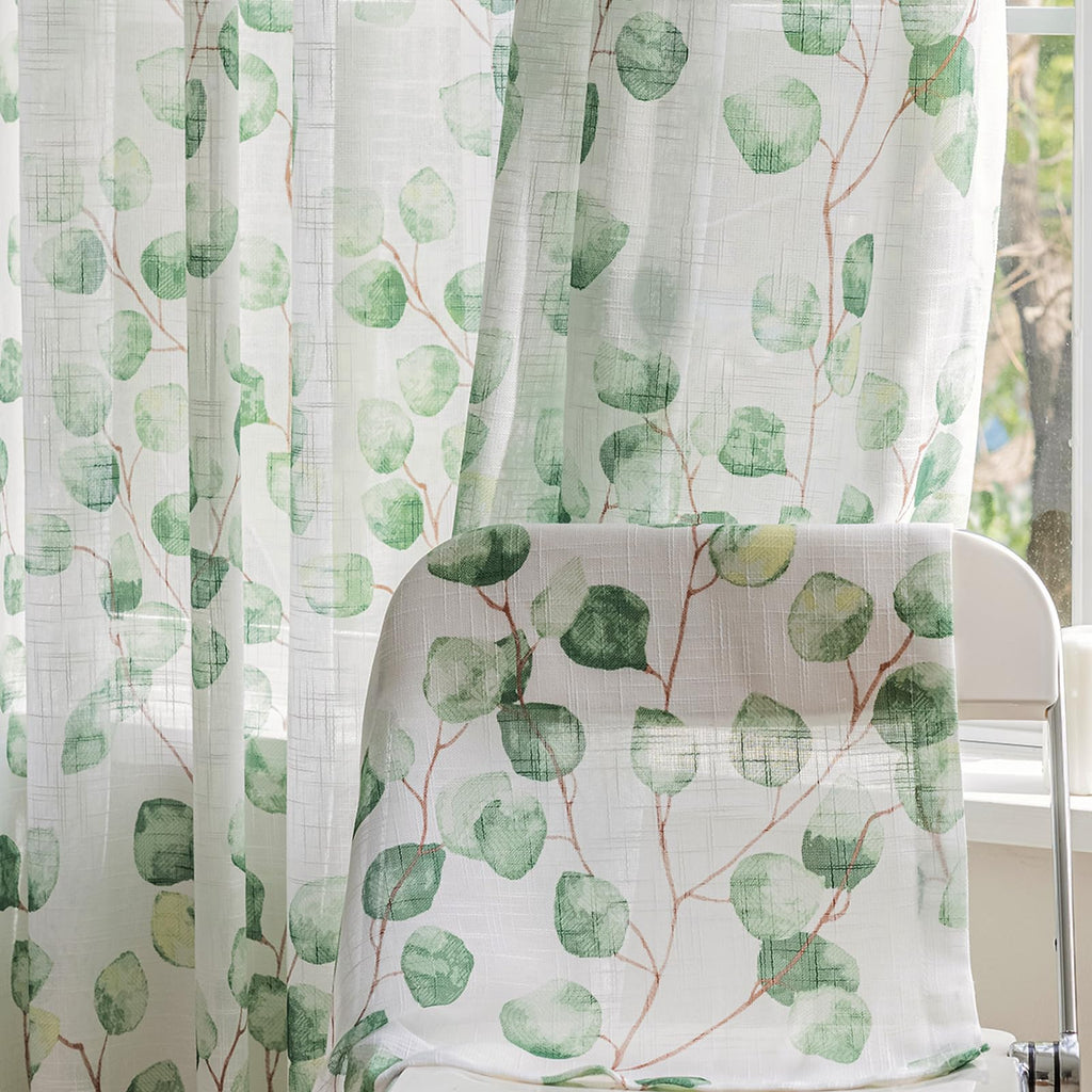 SUOUO Blue Leaf Semi Sheer White Curtains for Bedroom Dining Living Room Linen Textured 84 inches Long Rod Pocket Boho Window Drapes 2 Panels