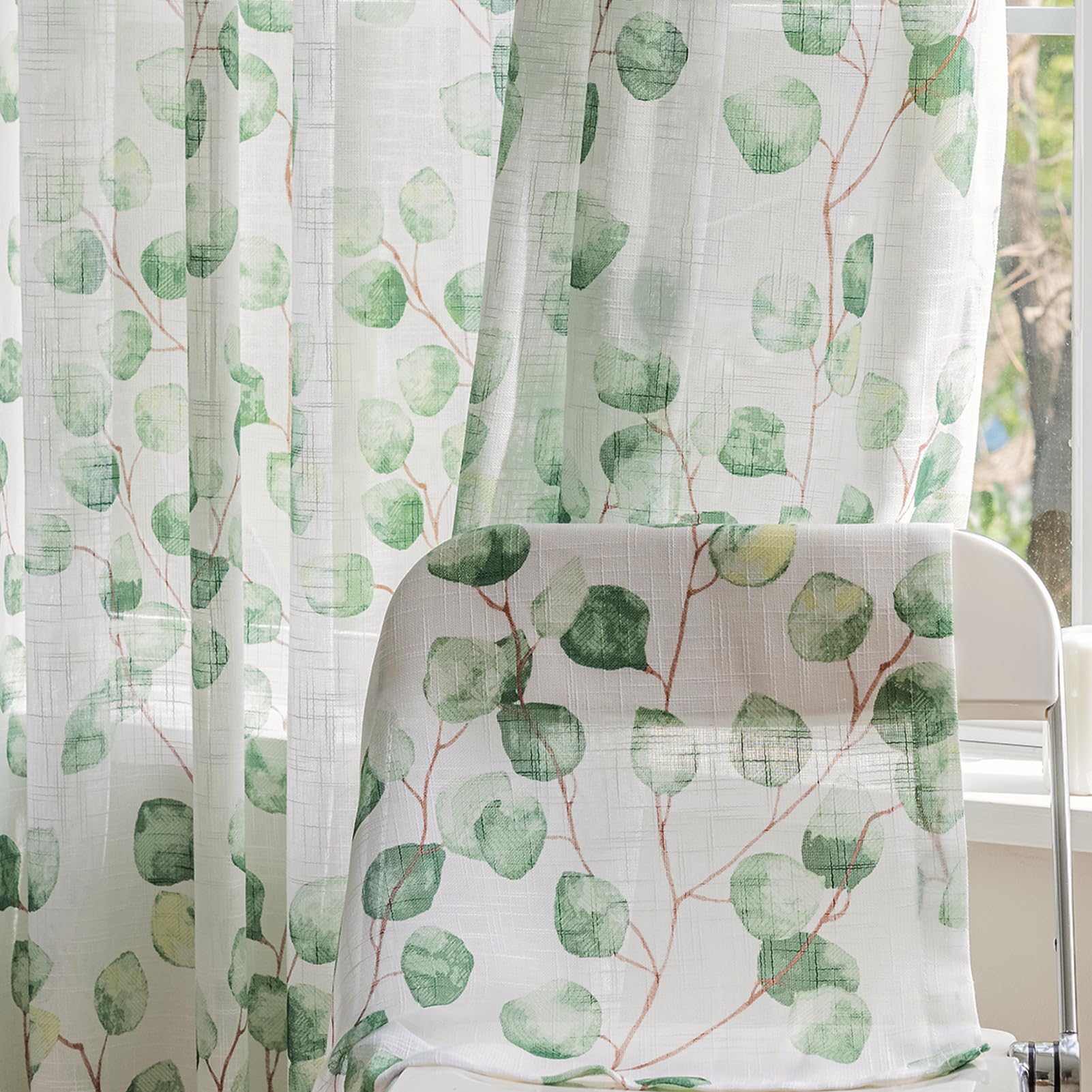 SUOUO Blue Leaf Semi Sheer White Curtains for Bedroom Dining Living Room Linen Textured 84 inches Long Rod Pocket Boho Window Drapes 2 Panels