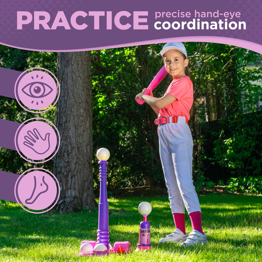 T Ball Stand for Kids and Toddlers 1-3, 3-5, 5-8. Baseball Set Includes 6 Large Balls, an Adjustable Tball Batting Tee, and a Pitching Machine. Kids Bat and Ball, T-Ball Sets for Kids