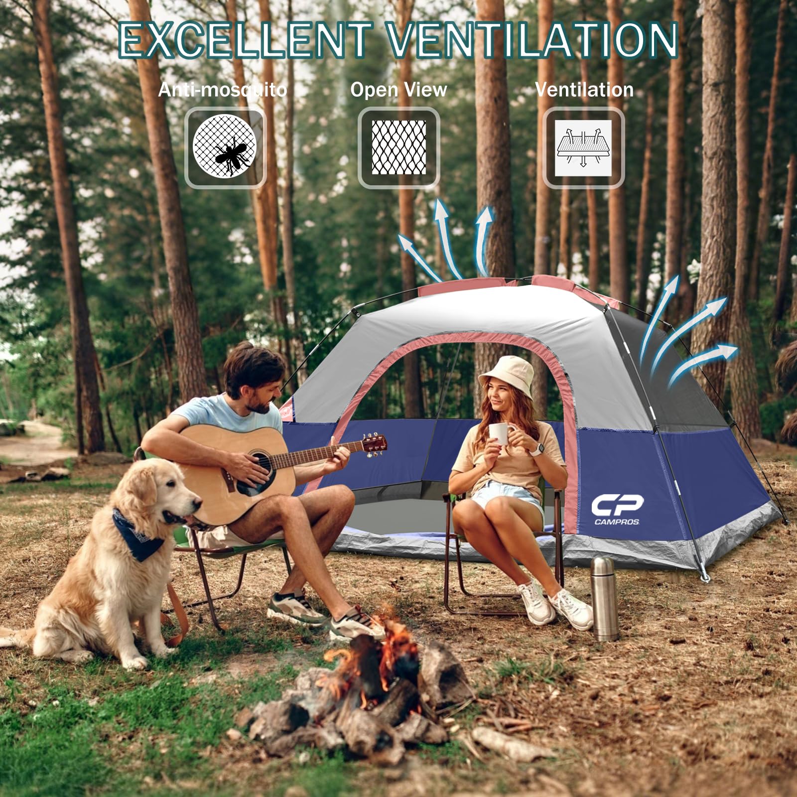 CAMPROS CP Camping Tent 2/4/6 Person, Waterproof Windproof Double Layer Dome Tent, Easy Setup with Large Mesh Windows & Wide Door for Outdoor Camping Backyard