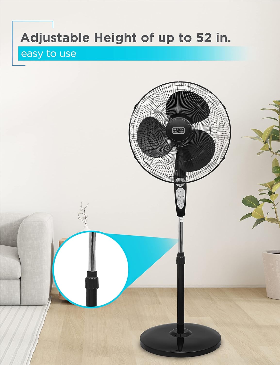 BLACK+DECKER 18-Inch Stand Fan with Pedestal Base, Height Adjustable Pedestal Fan with Remote and Touch Control Panel, Free Standing Fan with 90-Degree Oscillating and 3-Speed Settings, Black