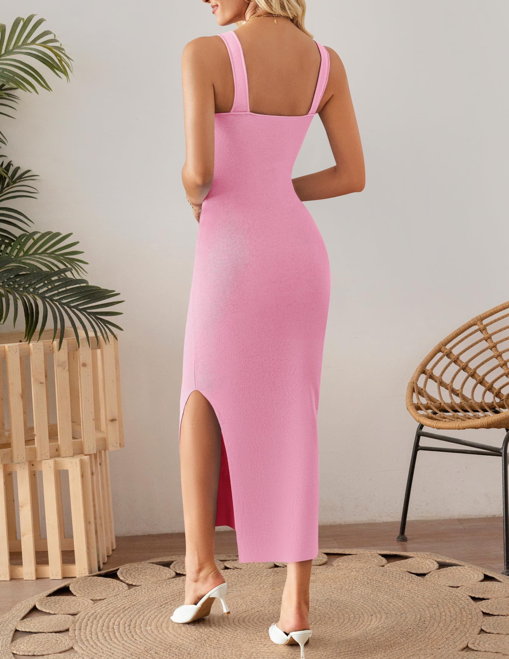 ZESICA Womens 2026 Summer Sleeveless Knit Bodycon Midi Dresses Square Neck Side Slit Beach Vacation Long Sweater Dress