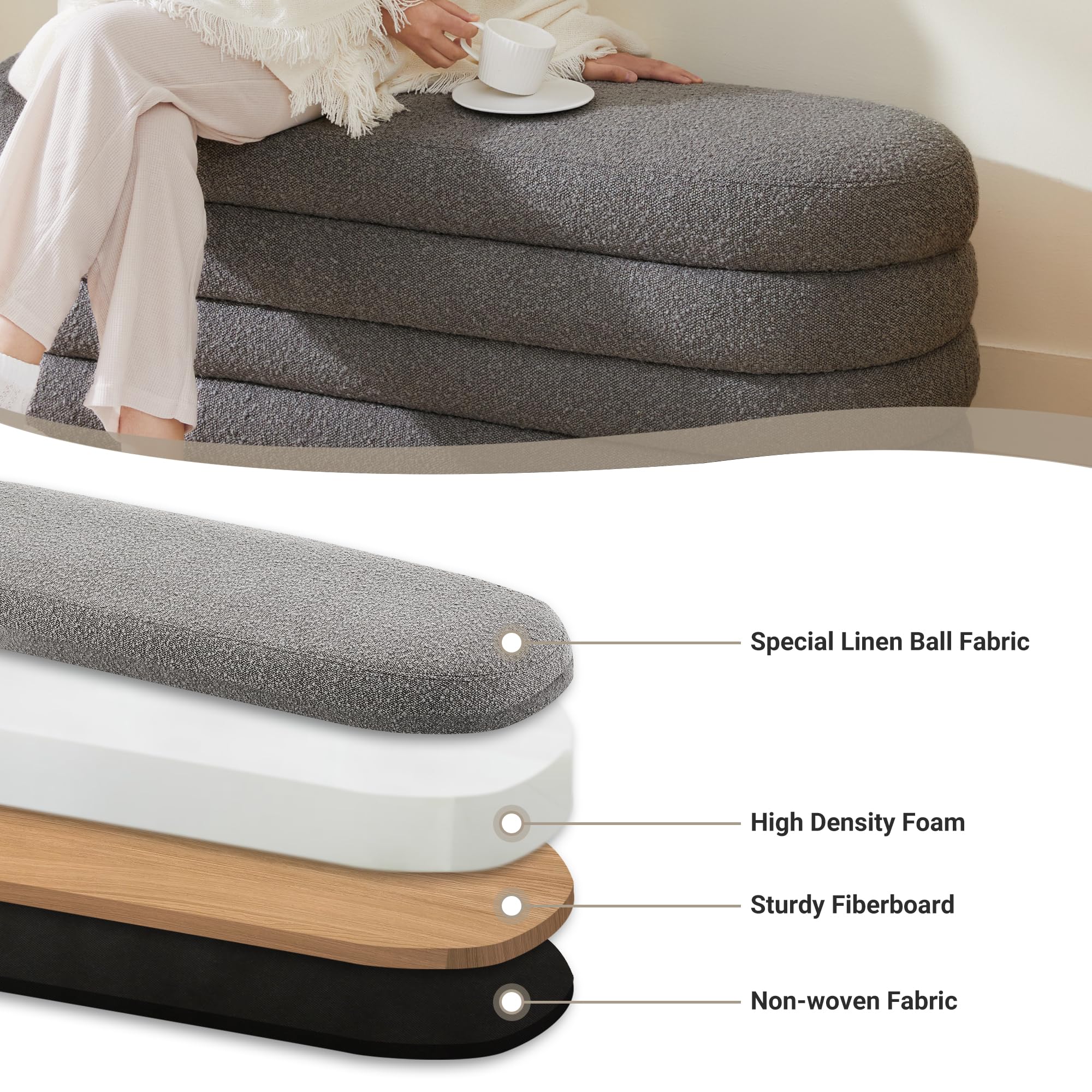 Busaurus Storage Ottoman Bench 49.2 Inch Upholstered Fabric Storage Bench for Bedroom End of Bed Aesthetic Large Oval Ottoman for Living Room Entryway (Black)