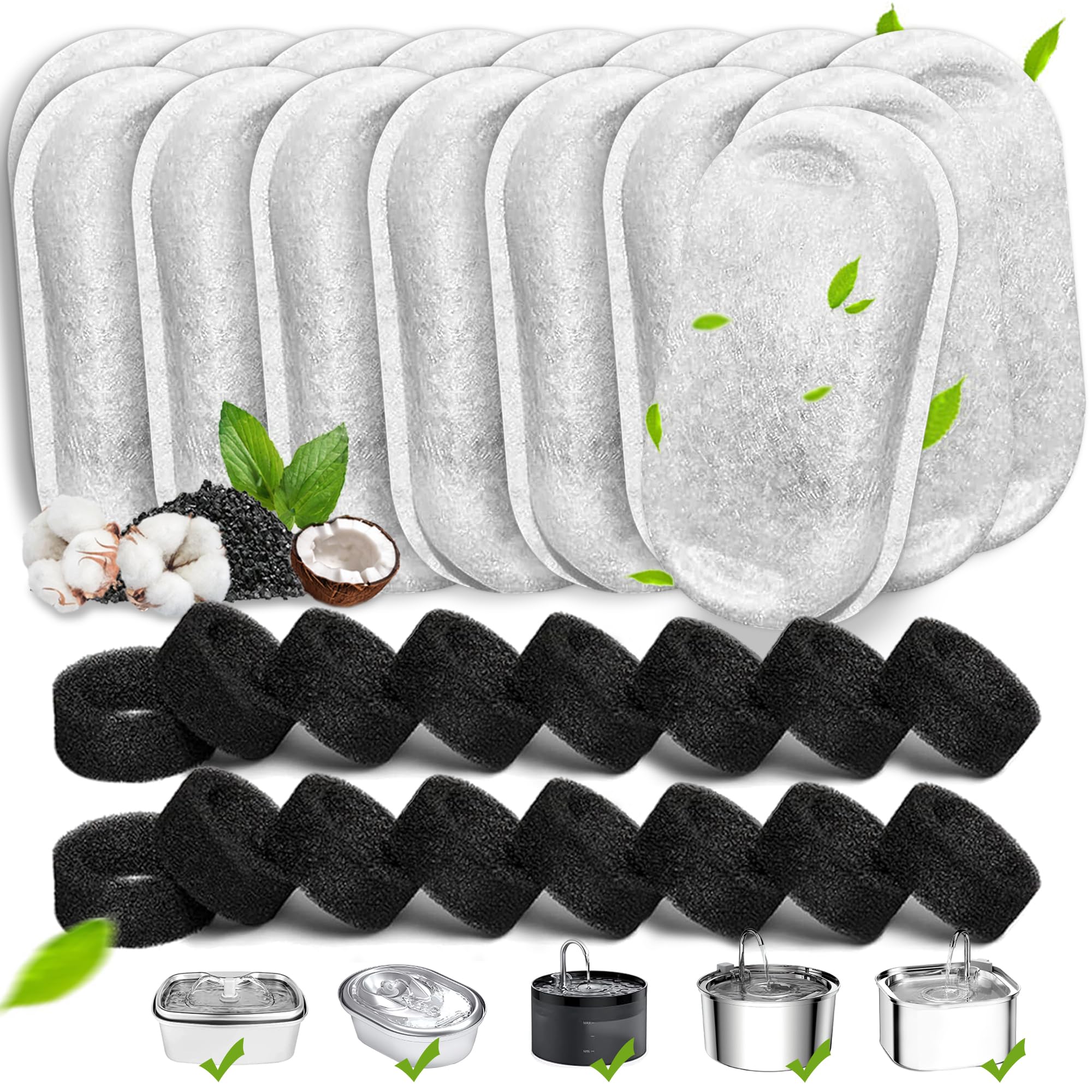 Cat Water Fountain Filters, 20Pack Cat Fountain Replacement Filters for Stainless Steel 108oz/3.2L& 67oz/2L adjustable Water Flow Pet Water Fountain,Dog Water Fountain Filters（10 Filters& 10 Sponges)