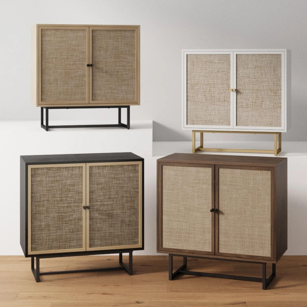 Nathan James Kova Rattan Wood Accent Sideboard Storage Cabinet with Matte Metal Frame, Adjustable Interior Shelves and Cane Doors, for Hallway, Entryway or Living Room, Black Oak/Cane