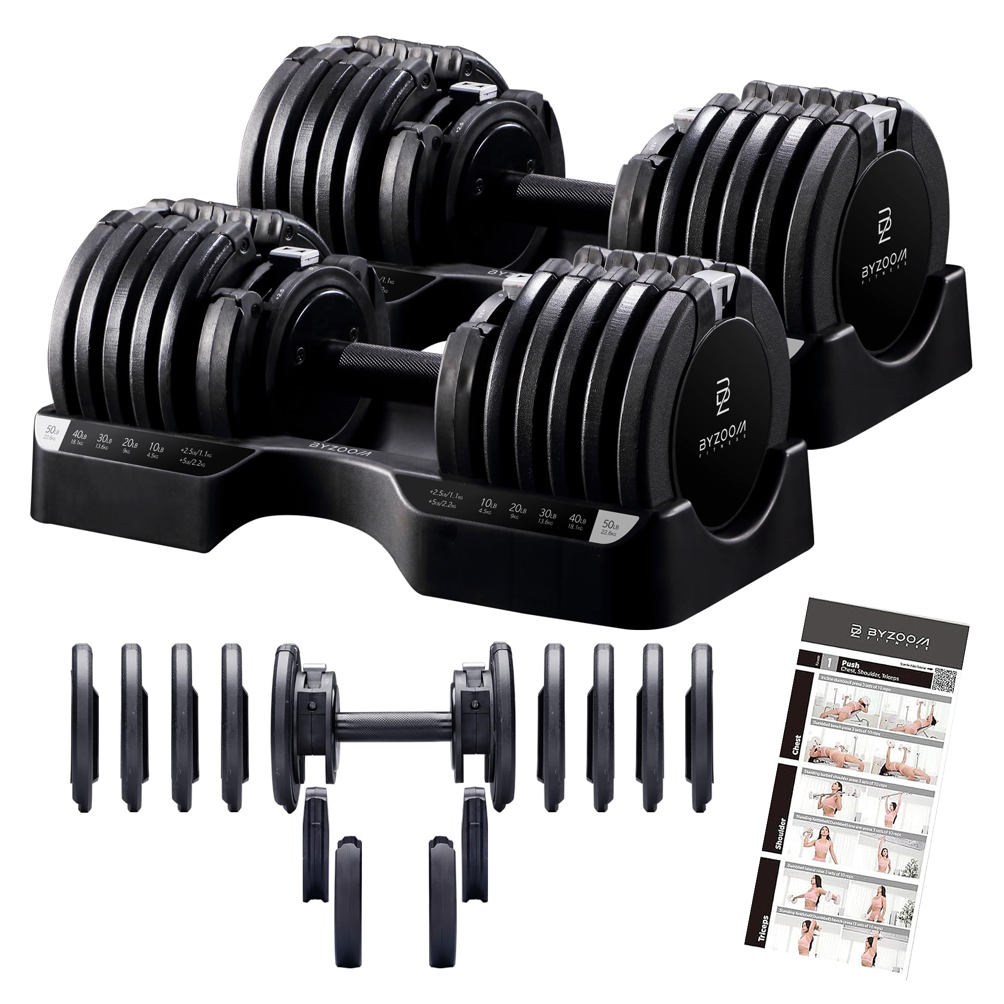 BYZOOM FITNESS Pure Series Adjustable Dumbbell - 12.5/25/27.5/50/55/75lb - ONE UNIT OR PAIR(check QTY before purchase) - 5-in-1/ 10-in-1 / 15-in-1 / 21-in-1 Flexible Hand Weights for Home Apartment Garage Gym, Strength Training & Fitness Workouts, White O