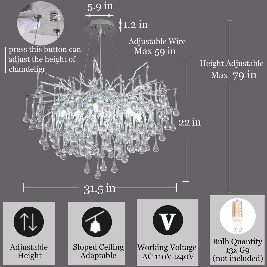 Modern Crystal Raindrop Chandelier, L40'' Black Linear Rectangle Art Deco Tree Branch Lighting Fixture for Kitchen Island Living Room Foyer Staircase 10 Lights