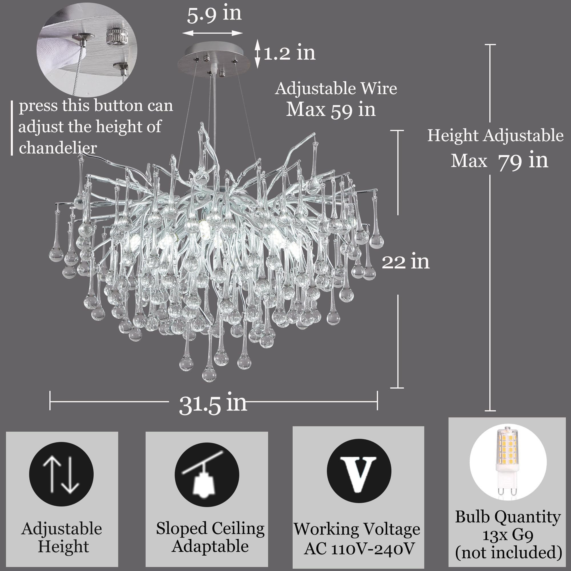 Modern Crystal Raindrop Chandelier, L40'' Black Linear Rectangle Art Deco Tree Branch Lighting Fixture for Kitchen Island Living Room Foyer Staircase 10 Lights