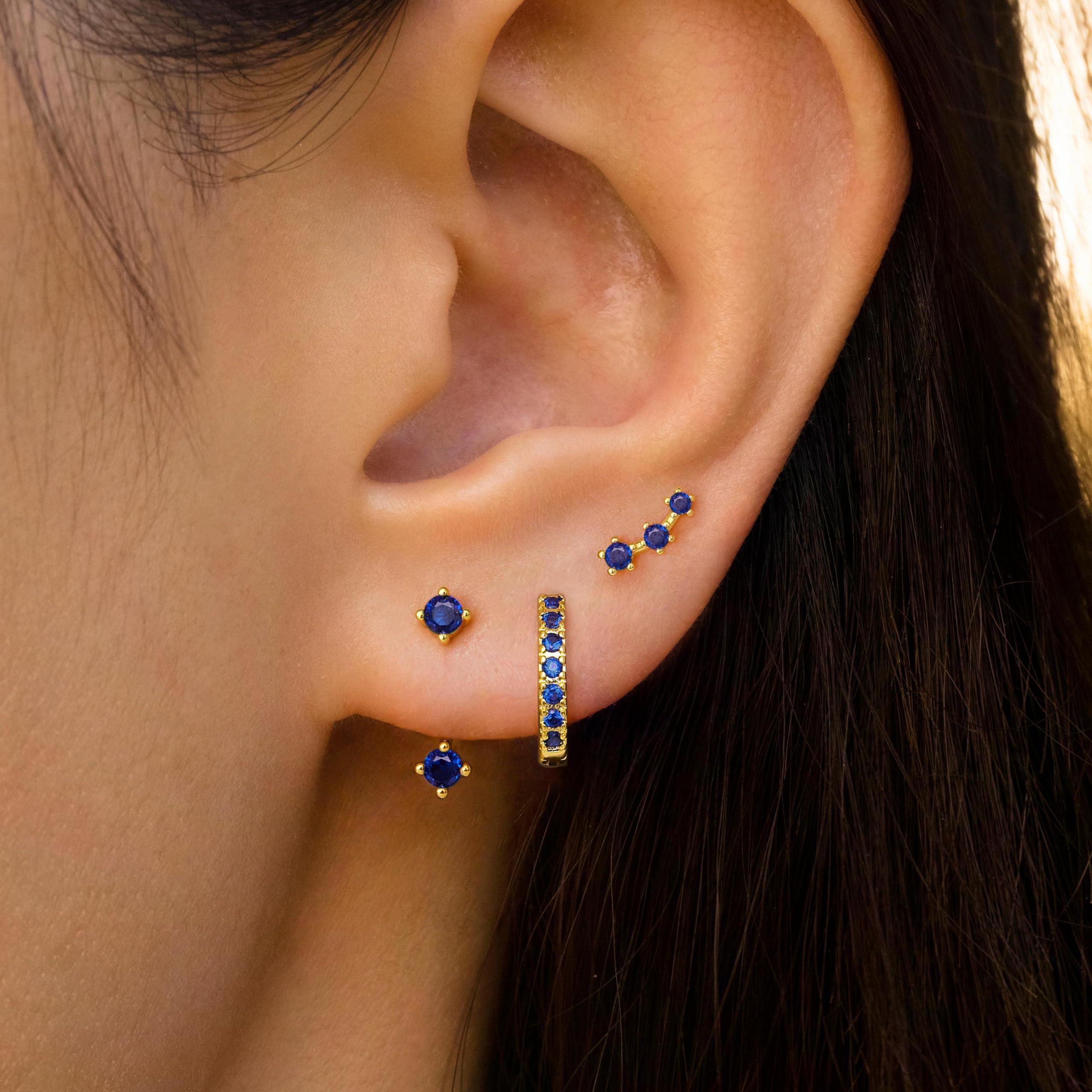 3 Pairs Dainty Small Earrings Set for Women Trendy, Birthstone Stud Huggie Hoop Jacket Stack for Cartilage Helix, Gold Plated Hypoallergenic Cute Women Fashion Accessories Western Jewelry Gifts