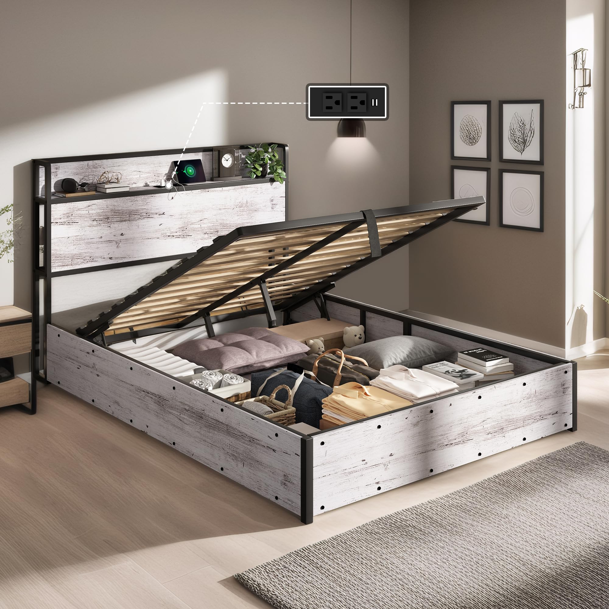 LUXOAK Full Size Lift Up Storage Bed, Wood Platform Bed Frame with Storage Headboard & Charging Station, No Box Spring Needed, Easy Assembly, Black