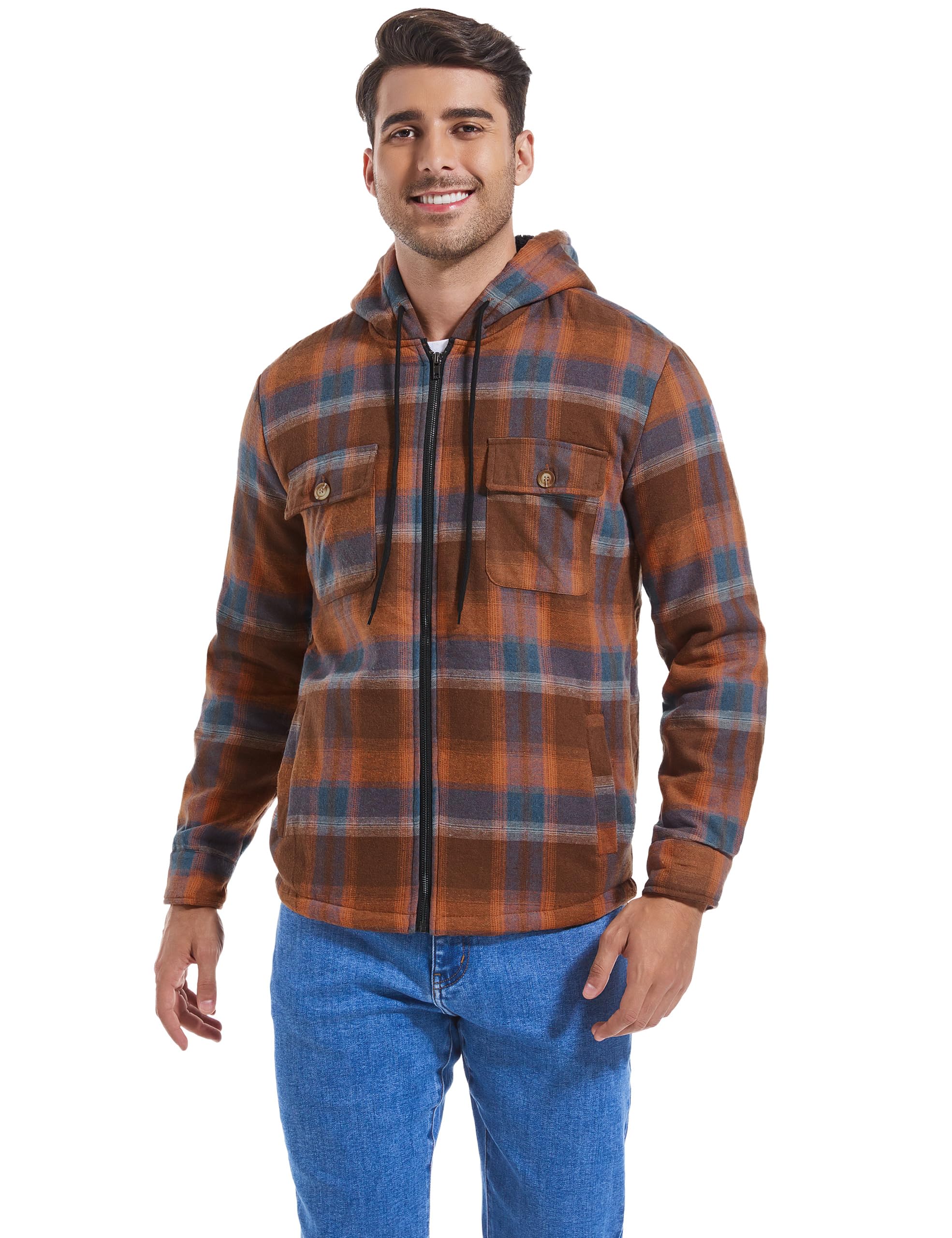 Men's Flannel Plaid Hooded Jackets Full Zip Sherpa Fleece Lined Hoodies Fashion Warm Coat