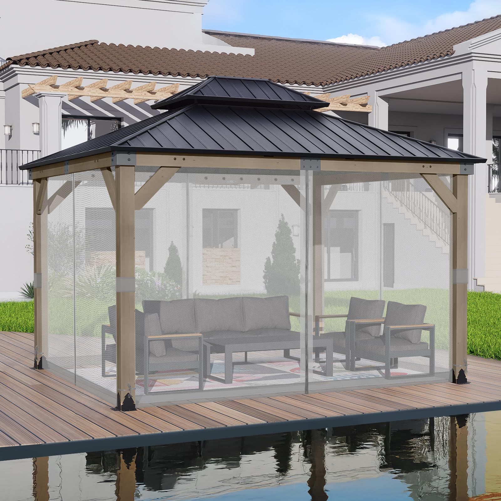 BPS 10' x 10' Gazebo Universal Mosquito Netting Screen Replacement, 4-Panel Mesh Screen Walls with Double Zippers for Outdoor Patio, Khaki (Mosquito Net Only)