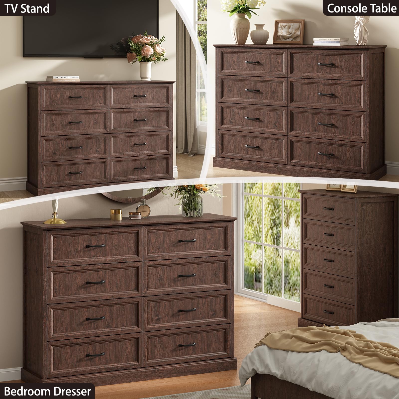Farmhouse 5 Drawers Dresser for Bedroom, 44" Tall Brown dresser Wood Rustic Chest of Drawers with Wide Metal Handle,Natural Texture,Drawer Organizer for Bedroom,Living Room,Hallway and Entryway
