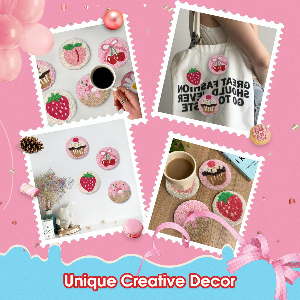 yuegool 6PCS Enchanted Oddities Punch Needle Coasters Kit – Easy DIY Embroidery Kit for Beginners, Adults & Kids | Includes Patterns, Tools, Yarns, Hoop, Instructions, Coaster Holder